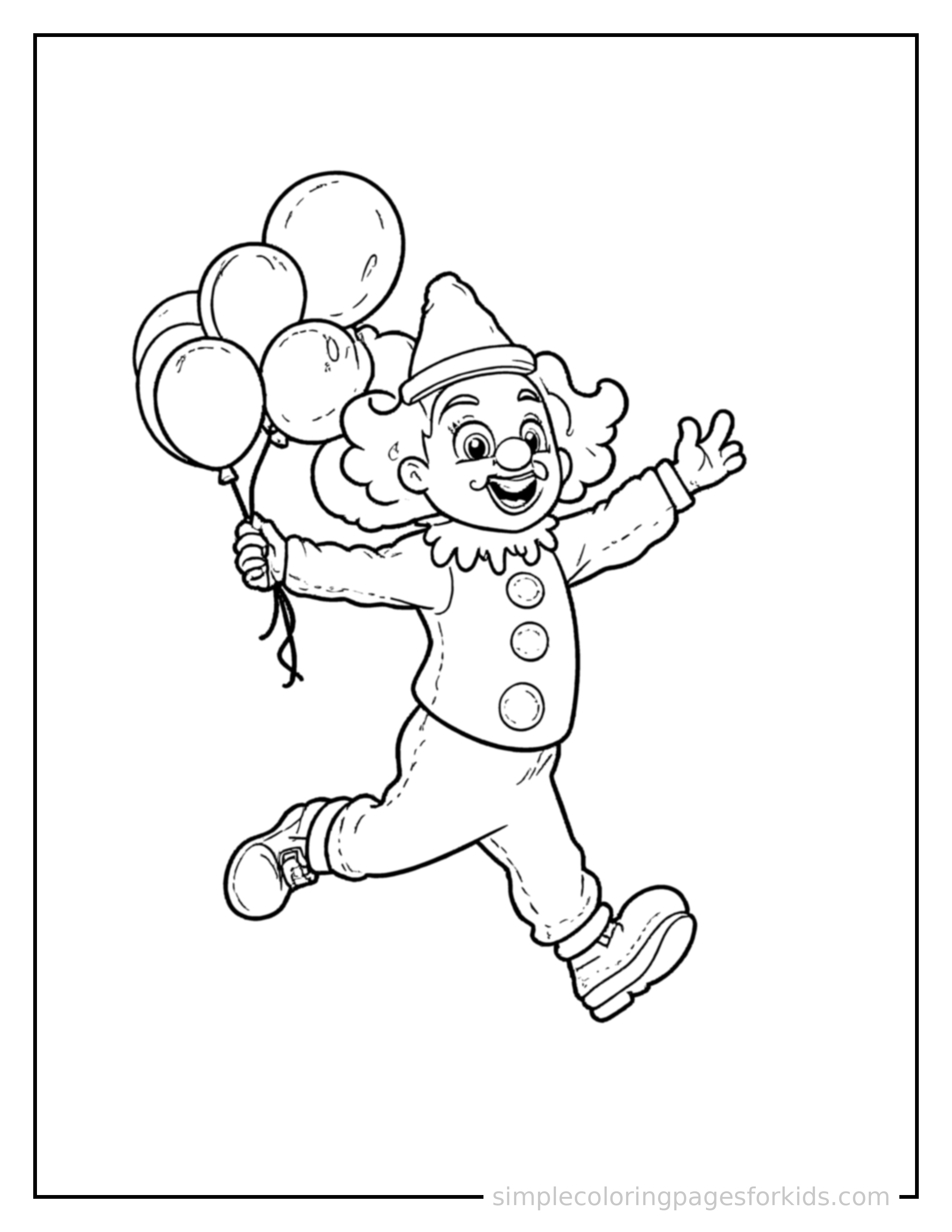 Free printable clown holding balloons coloring page featuring a cute clown holding balloons mid-jump with arms and legs stretched out playfully, mouth open with excitement.
