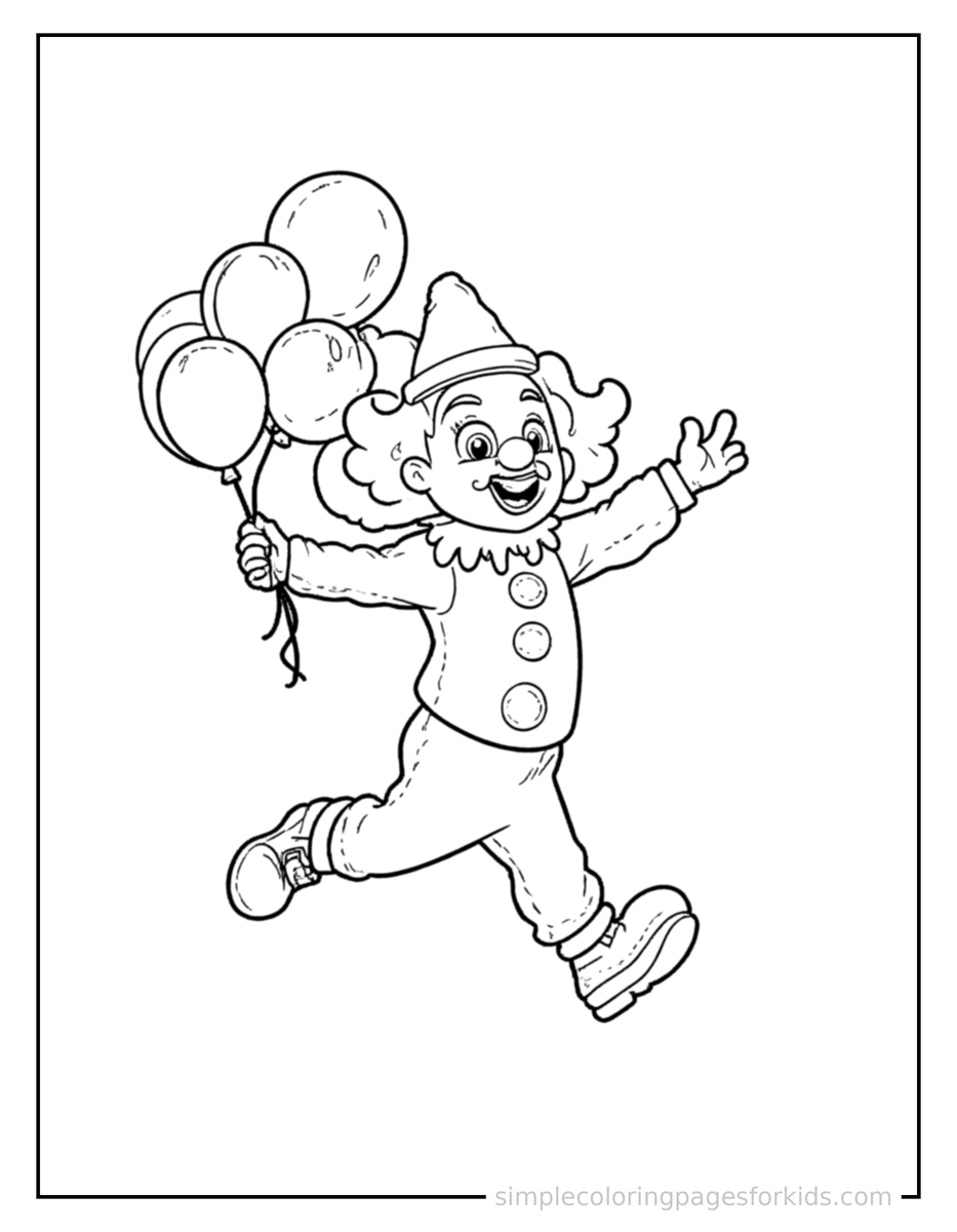 Jumping Clown Holding Balloons Coloring Page