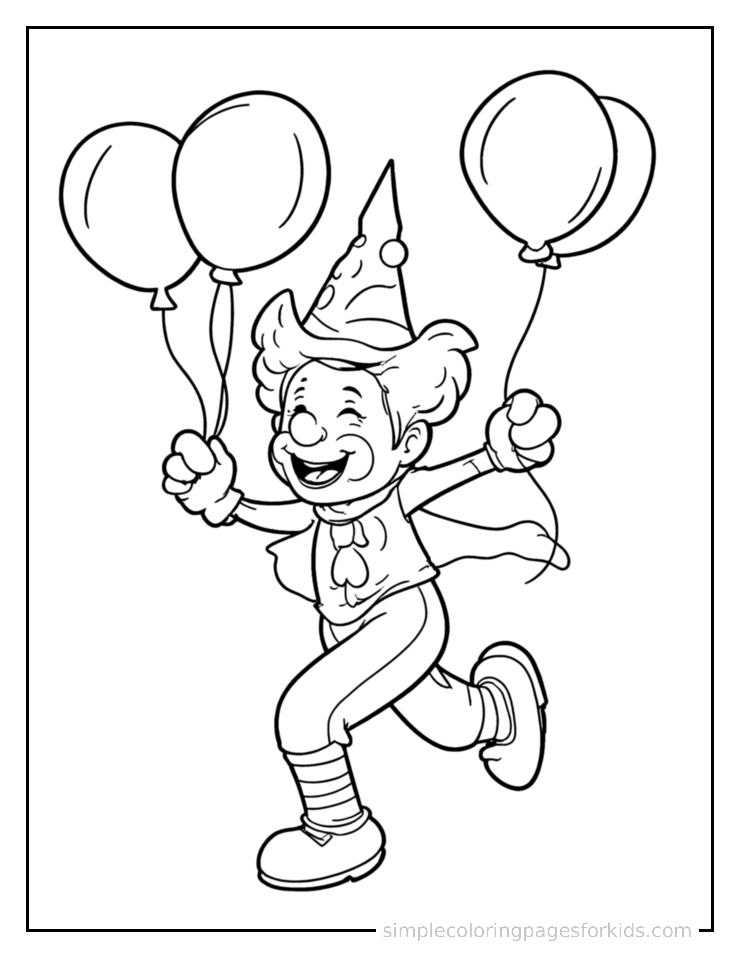 Free printable clown holding balloons coloring page featuring a cute clown holding balloons running forward at full speed, arms pumping, big happy grin.