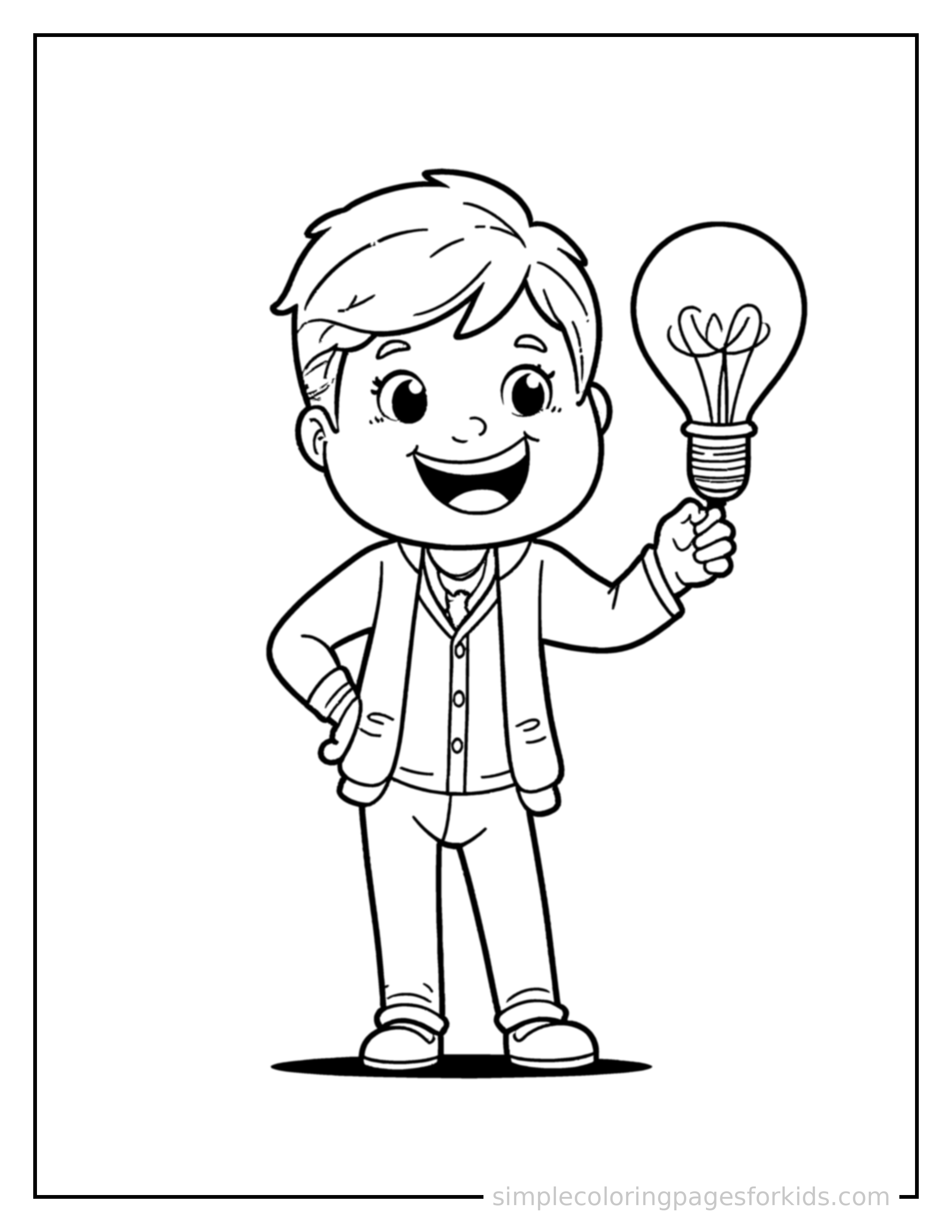 Free printable inventor holding a light bulb idea coloring page featuring a cute inventor holding a light bulb idea standing proudly with hands on hips, chest out, big sparkling happy eyes and open smile.