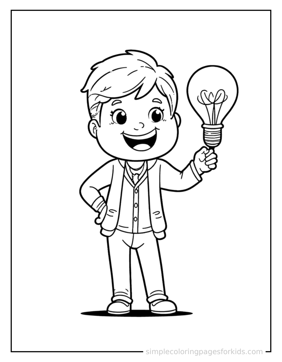Proud Inventor Holding A Light Bulb Idea Coloring Page