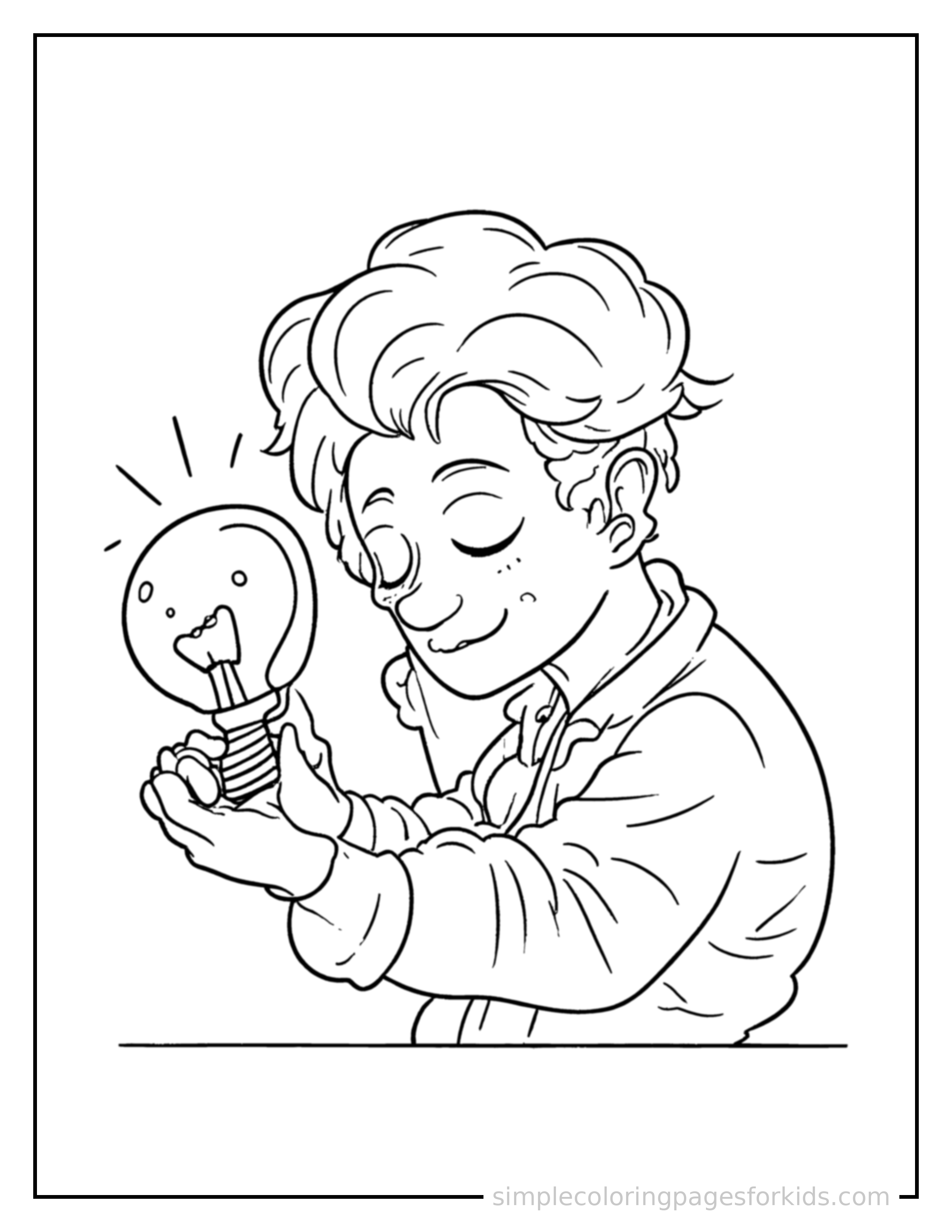 Free printable inventor holding a light bulb idea coloring page featuring a cute inventor holding a light bulb idea curled up fast asleep, peaceful smile, one eye scrunched shut, hands tucked under the chin.