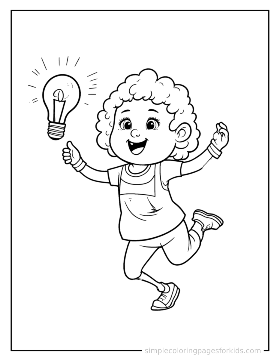 Jumping Inventor Holding A Light Bulb Idea Coloring Page