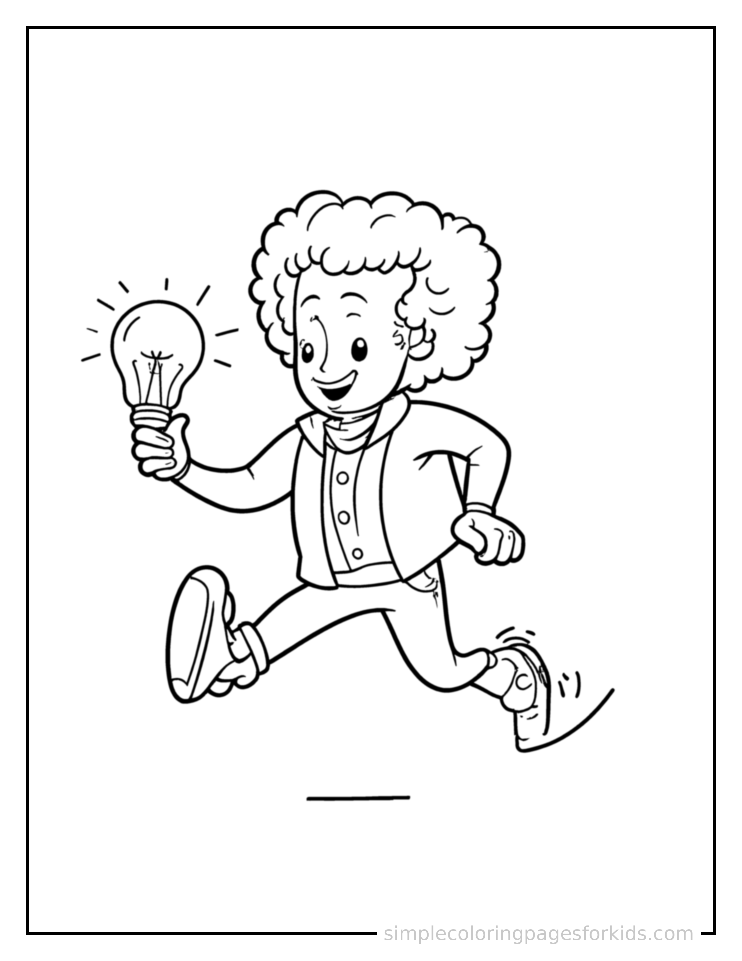 Free printable inventor holding a light bulb idea coloring page featuring a cute inventor holding a light bulb idea running forward at full speed, arms pumping, big happy grin.