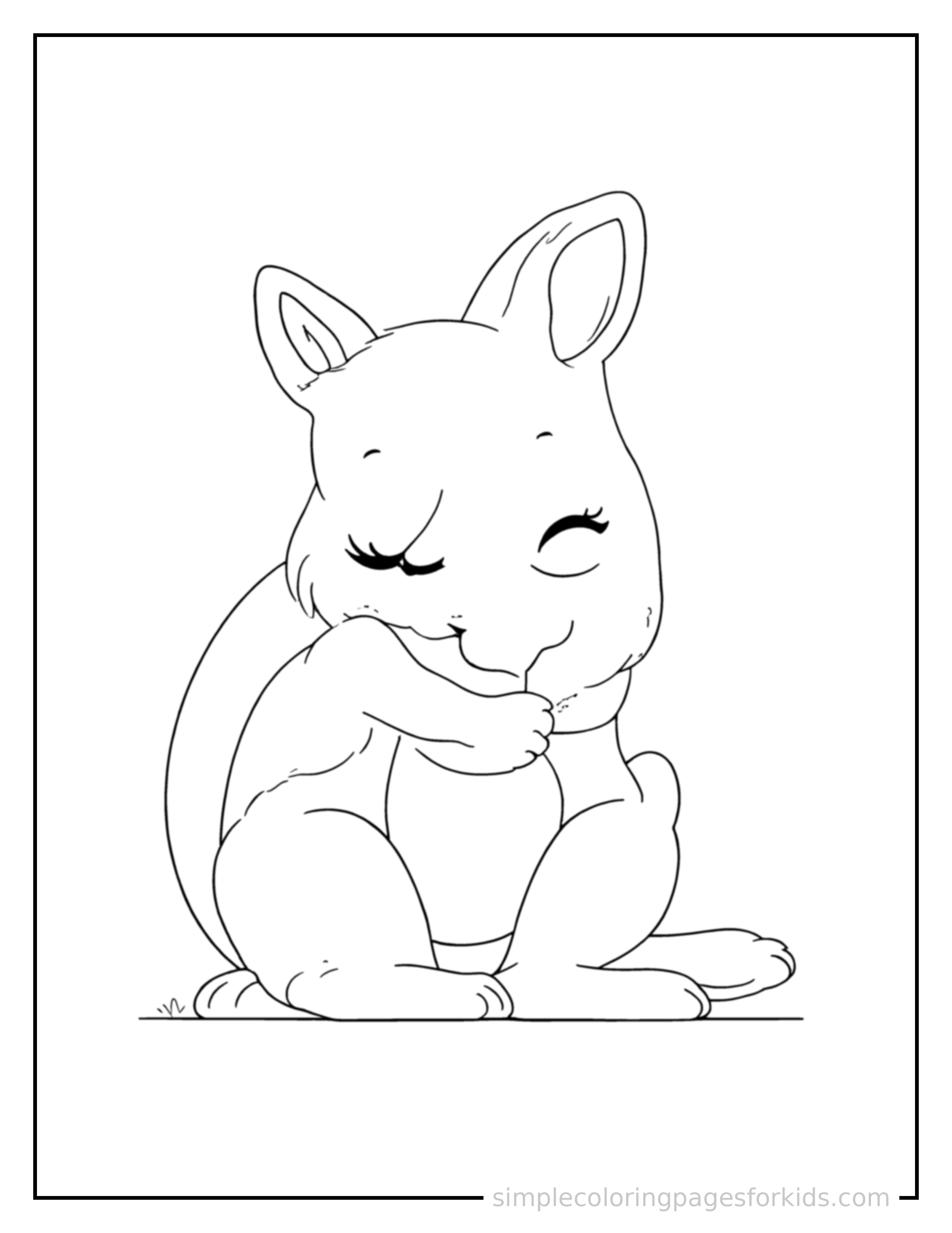 Free printable kangaroo coloring page featuring a cute kangaroo curled up fast asleep, peaceful smile, one eye scrunched shut, paws tucked under its chin.