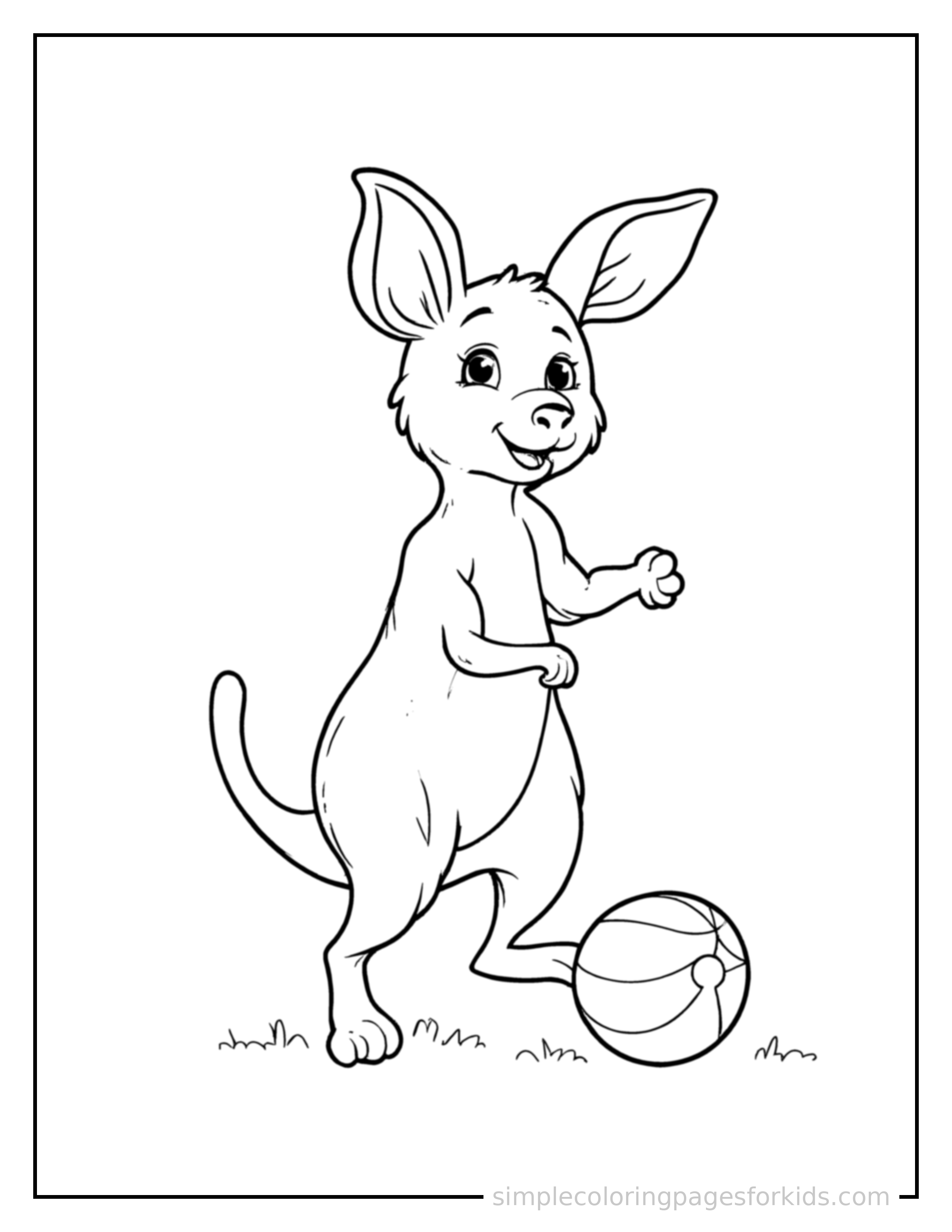 Free printable kangaroo coloring page featuring a cute kangaroo mid-bounce chasing a round ball, front paws stretched forward, mouth open with excitement, ears flopping.