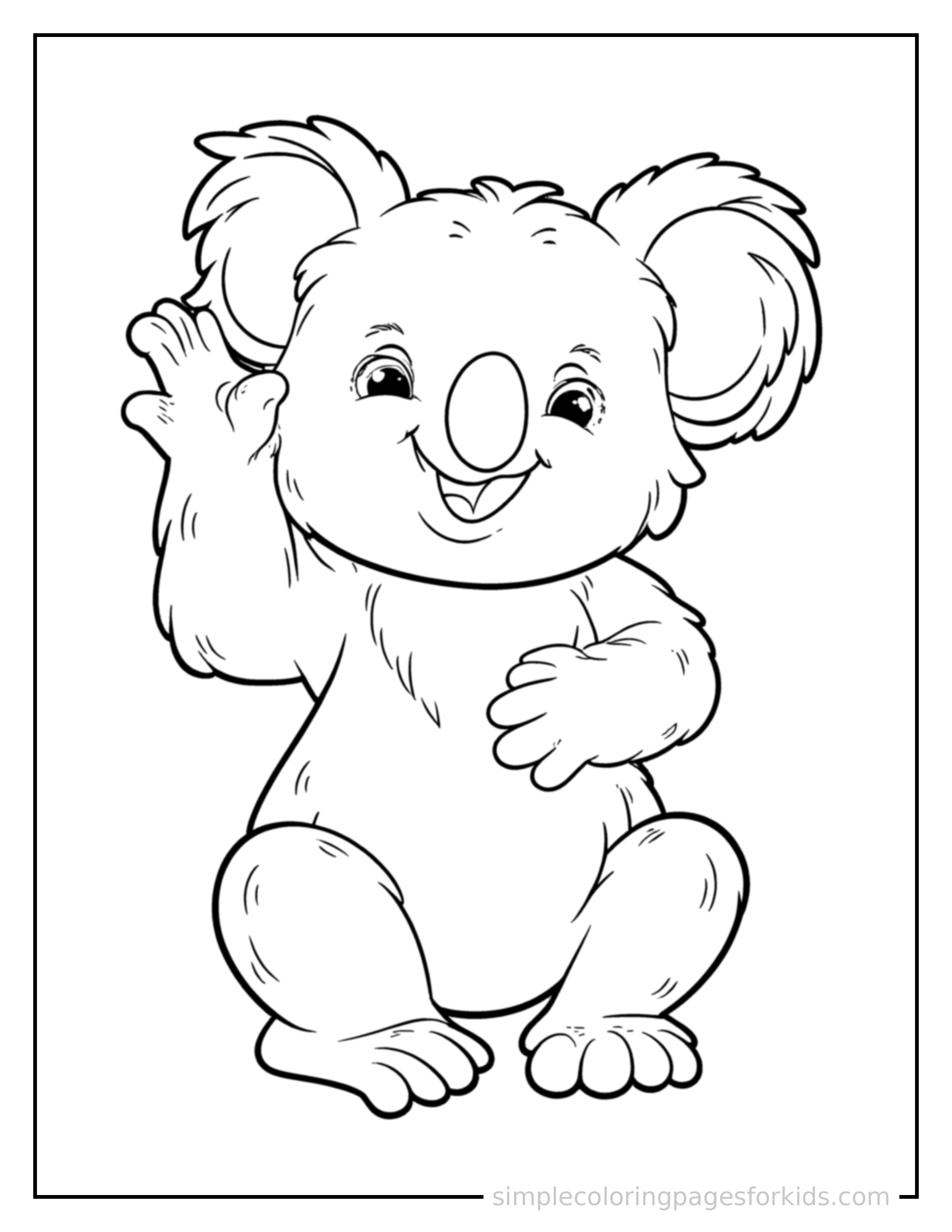 Free printable koala coloring page featuring a cute koala sitting up tall with a big cheerful grin, head tilted slightly, one paw raised in a wave.