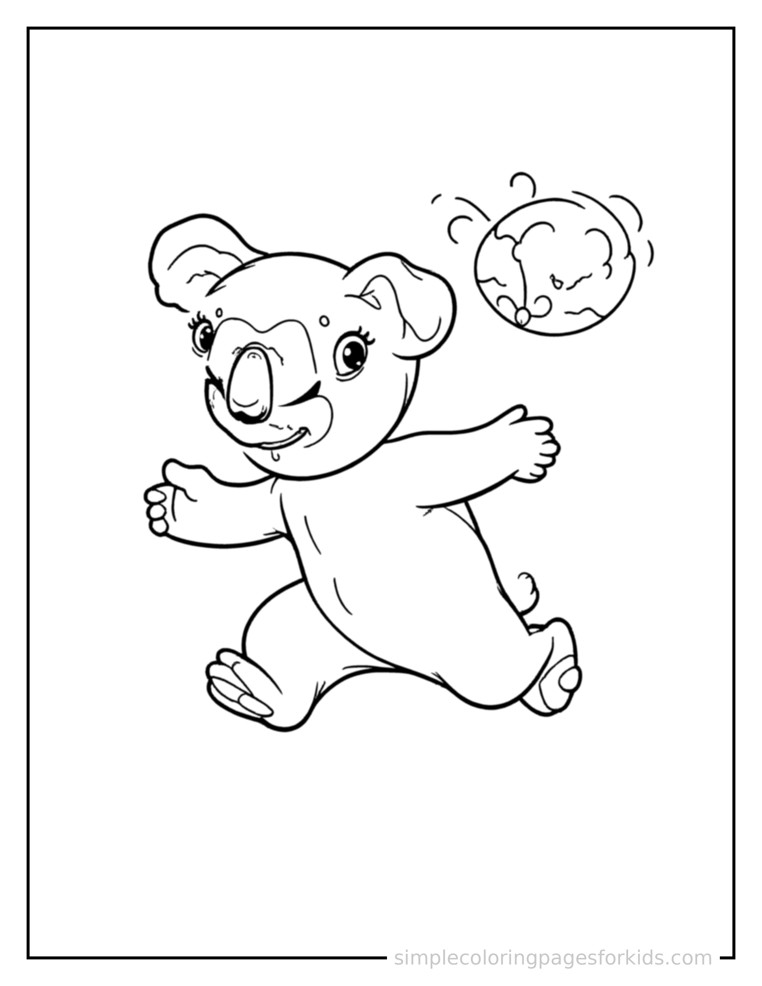 Free printable koala coloring page featuring a cute koala mid-bounce chasing a round ball, front paws stretched forward, mouth open with excitement, ears flopping.