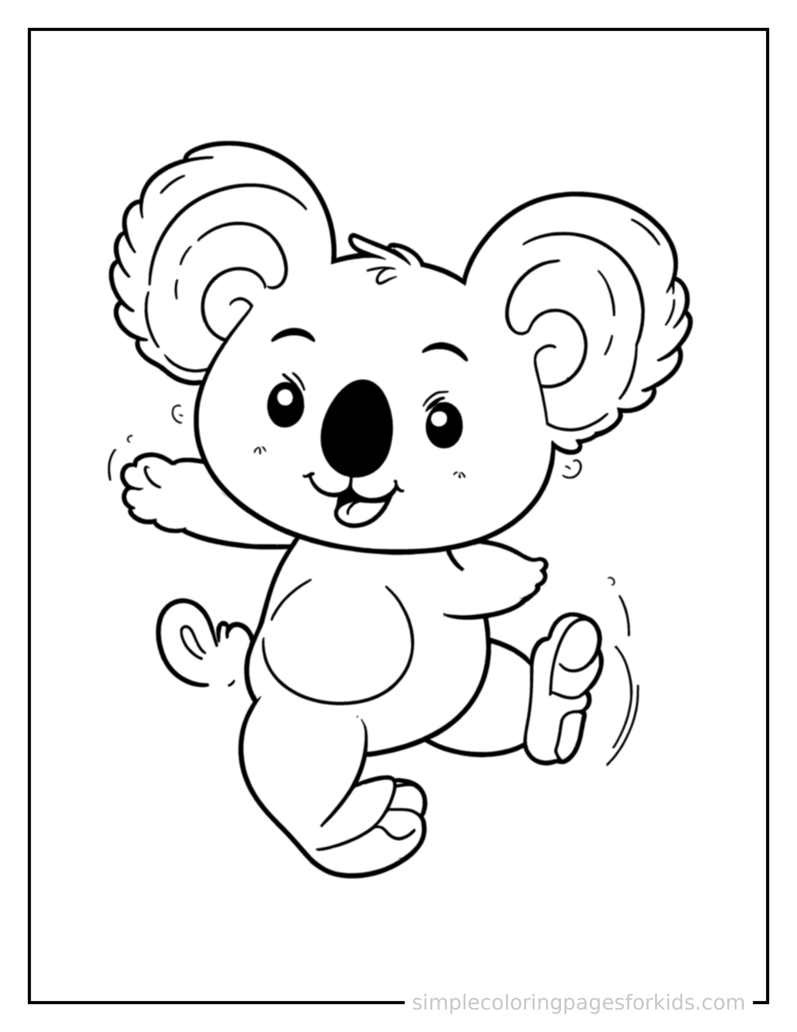 Free printable koala coloring page featuring a cute koala galloping forward at full speed, tongue out, ears flying back, big happy grin.