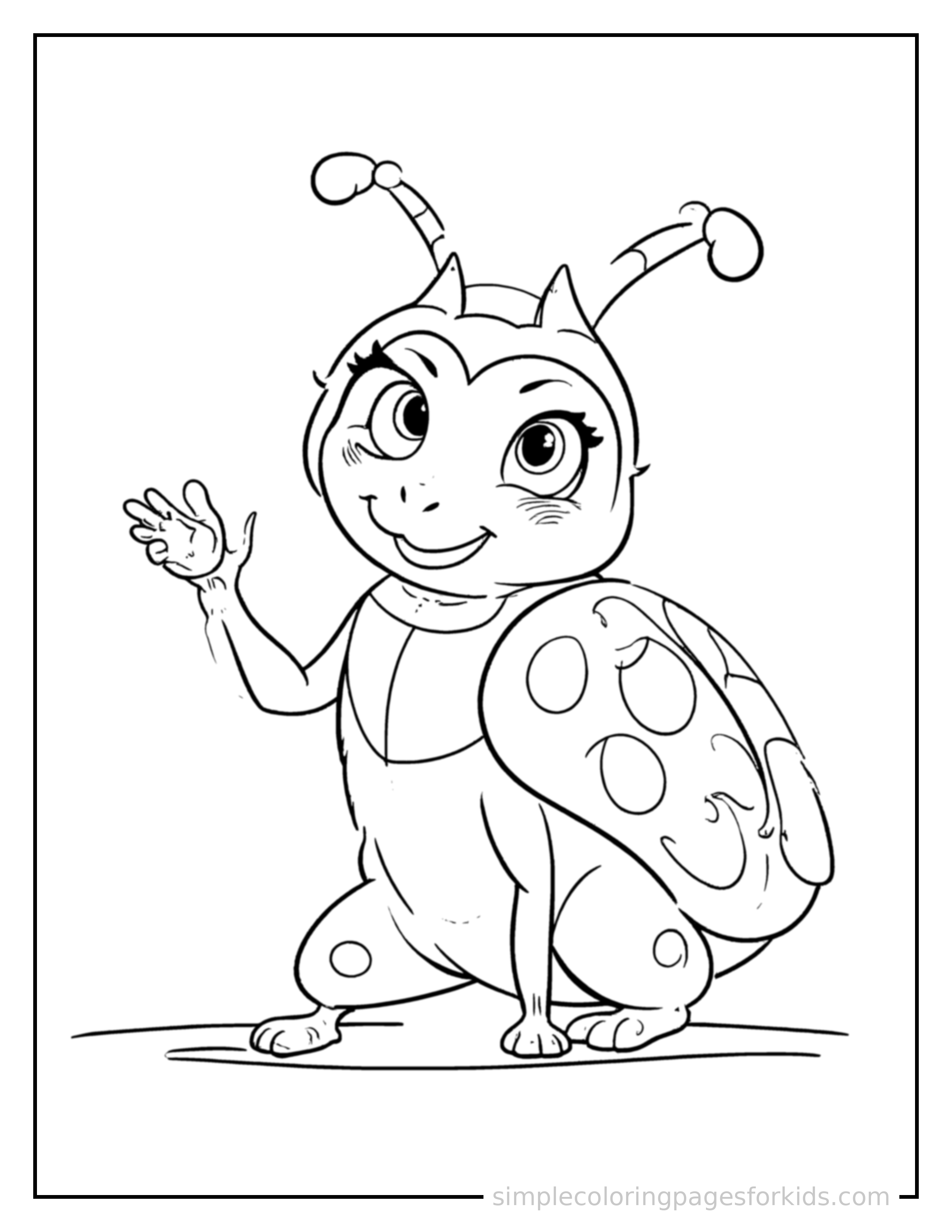Free printable ladybug coloring page featuring a cute ladybug sitting up tall with a big cheerful grin, head tilted slightly, one paw raised in a wave.