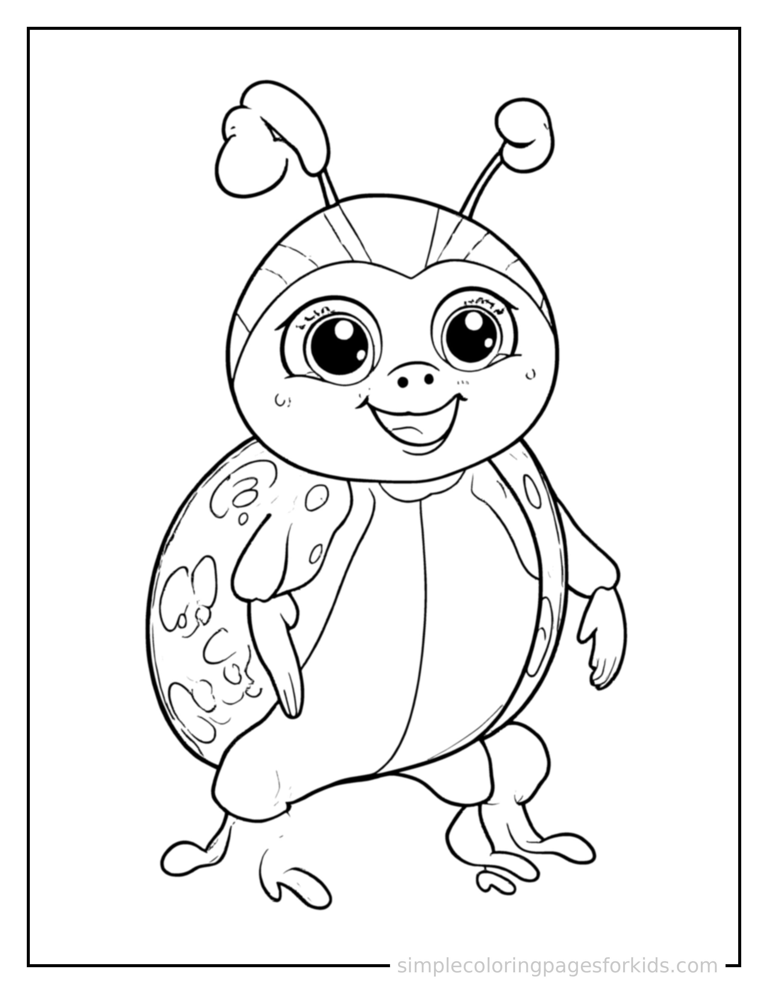 Free printable ladybug coloring page featuring a cute ladybug standing proudly on all fours, chest puffed out, big sparkling happy eyes, mouth open in a joyful smile.
