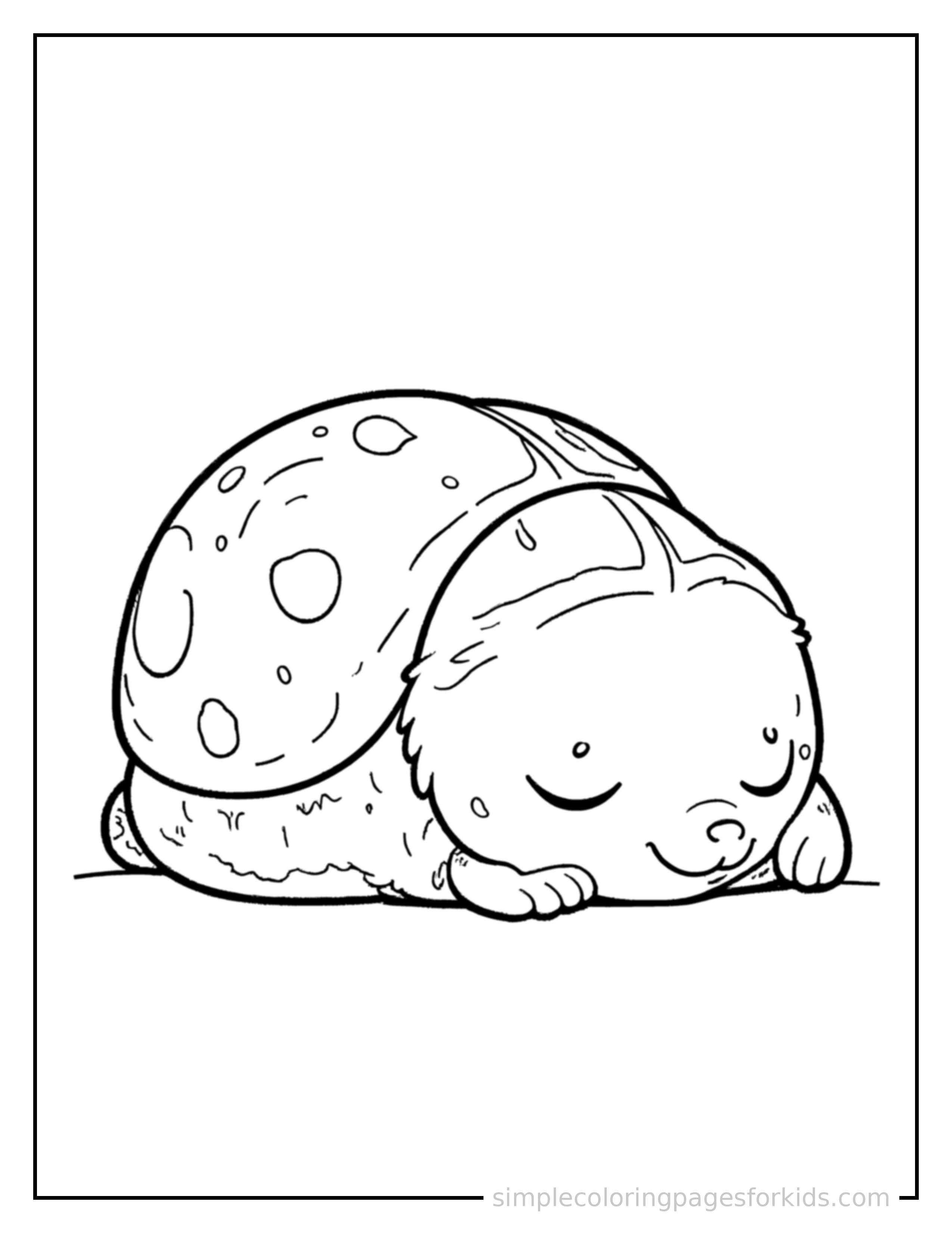 Free printable ladybug coloring page featuring a cute ladybug curled up fast asleep, peaceful smile, one eye scrunched shut, paws tucked under its chin.