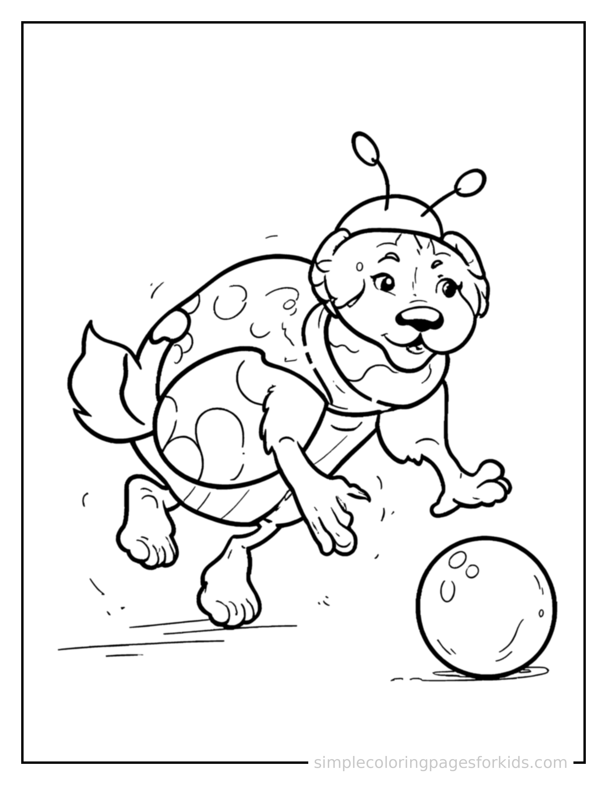 Free printable ladybug coloring page featuring a cute ladybug mid-bounce chasing a round ball, front paws stretched forward, mouth open with excitement, ears flopping.
