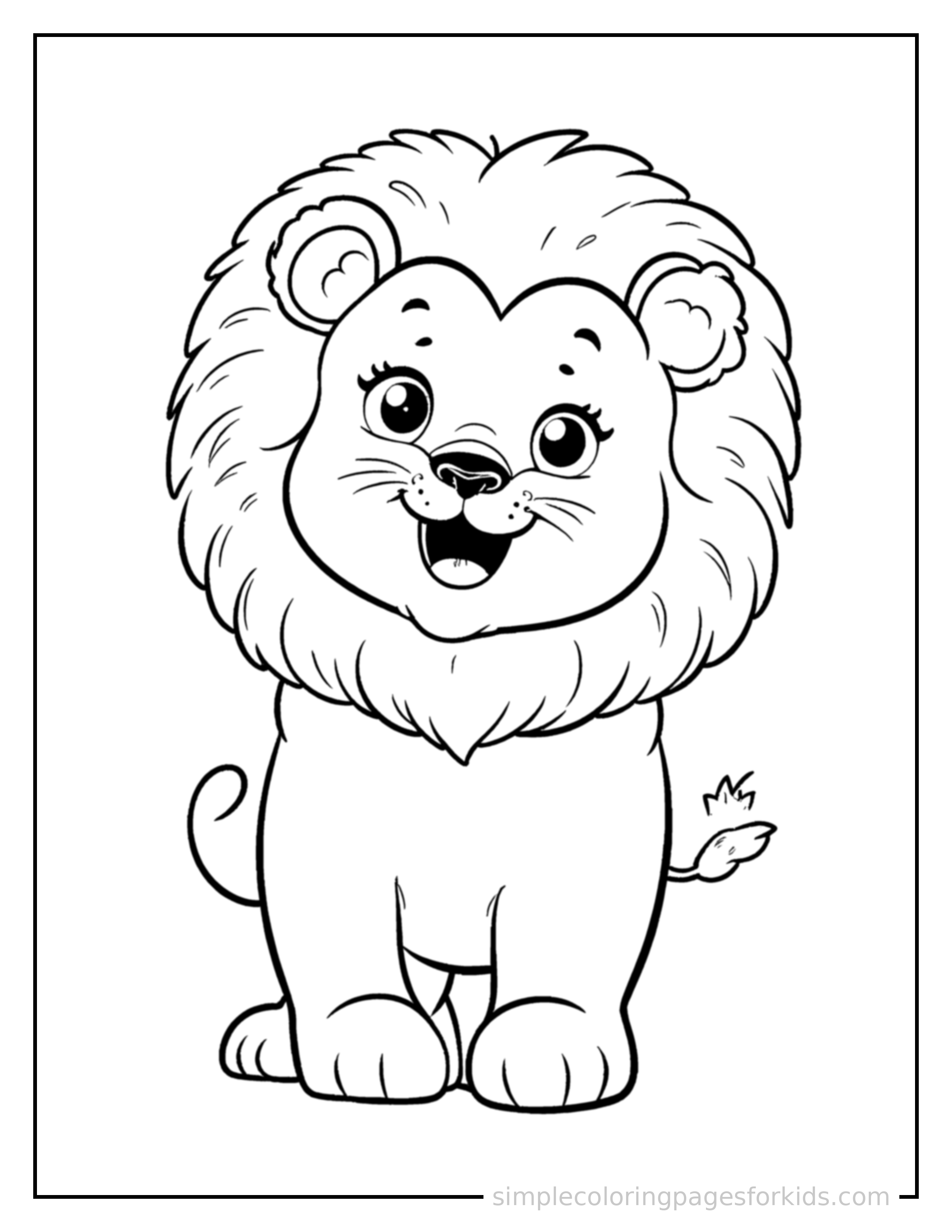 Free printable lion coloring page featuring a cute lion standing proudly on all fours, chest puffed out, big sparkling happy eyes, mouth open in a joyful smile.