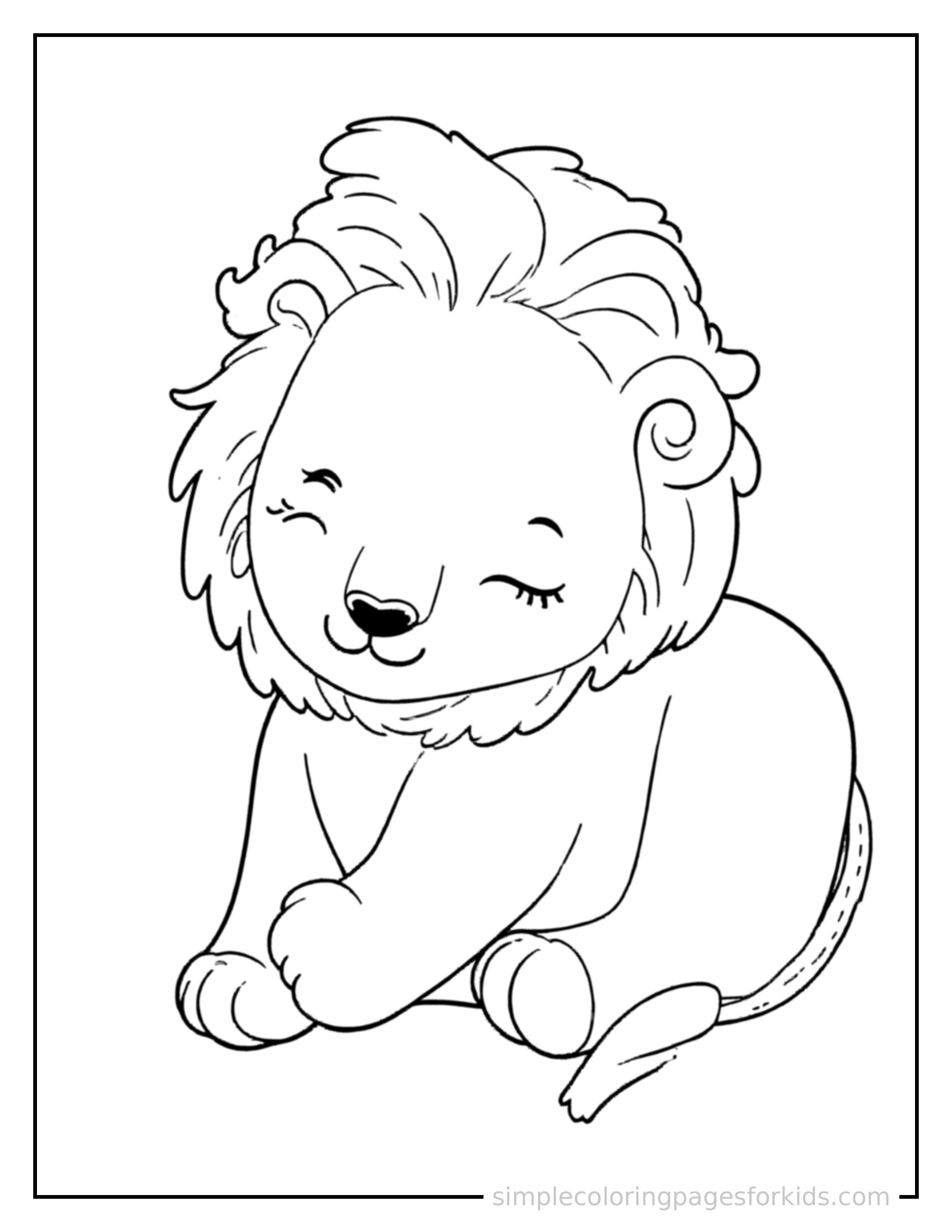 Free printable lion coloring page featuring a cute lion curled up fast asleep, peaceful smile, one eye scrunched shut, paws tucked under its chin.