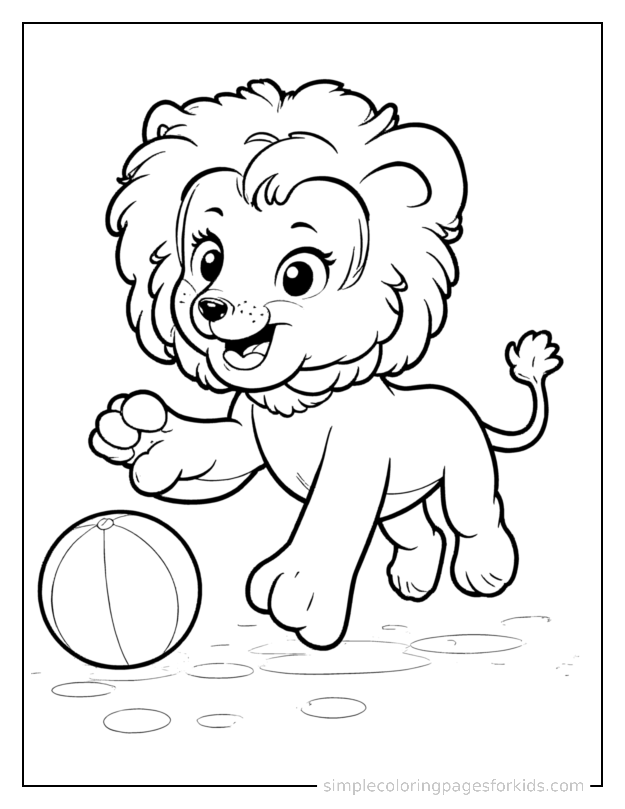 Free printable lion coloring page featuring a cute lion mid-bounce chasing a round ball, front paws stretched forward, mouth open with excitement, ears flopping.
