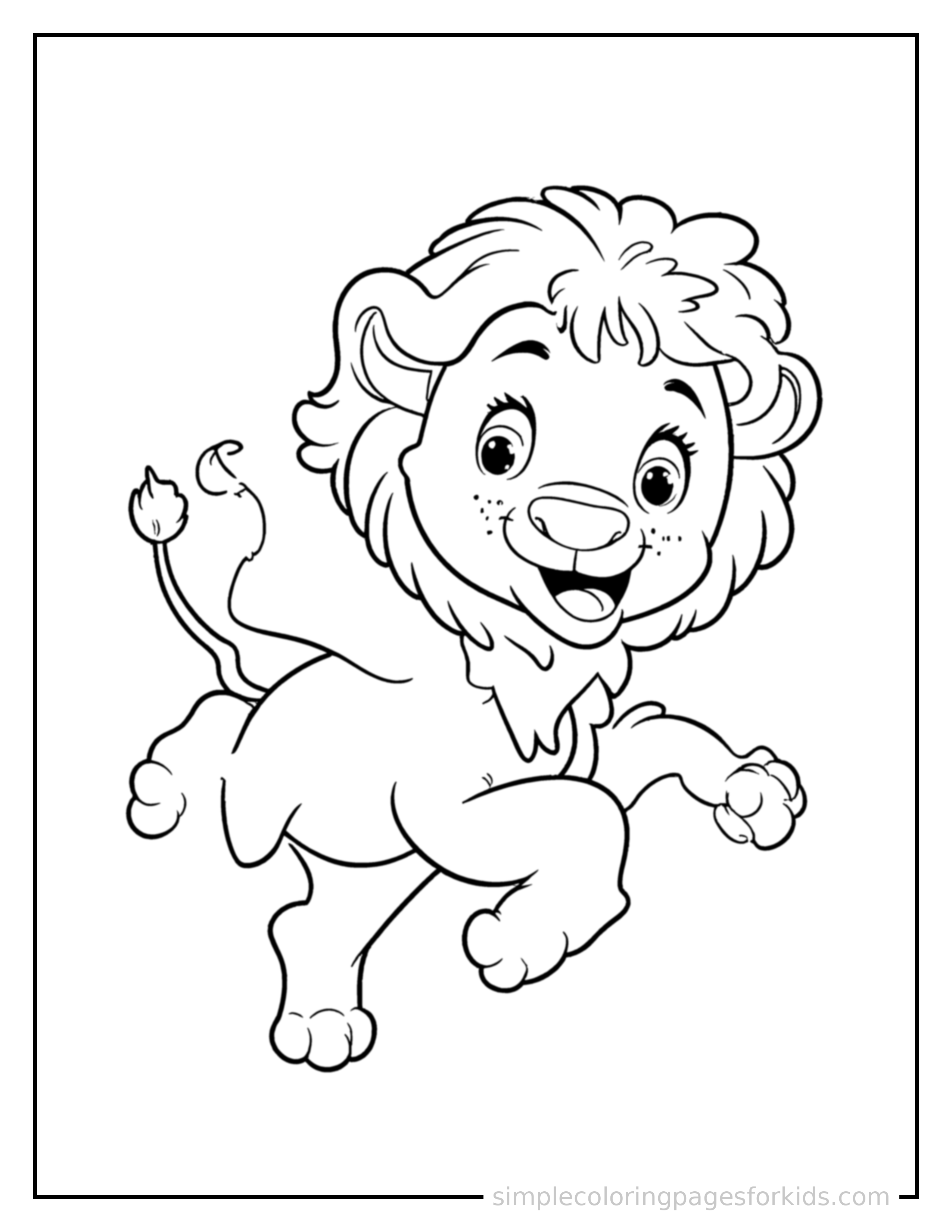 Free printable lion coloring page featuring a cute lion galloping forward at full speed, tongue out, ears flying back, big happy grin.