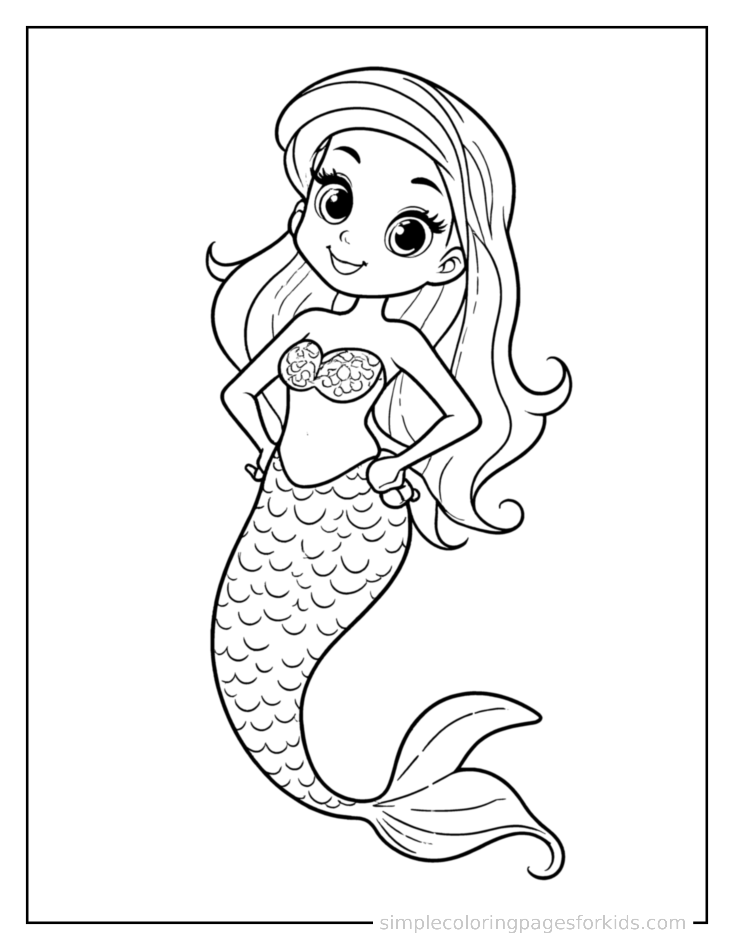 Free printable mermaid coloring page featuring a cute mermaid with a flowing tail standing proudly with hands on hips, chest out, big sparkling happy eyes and open smile.