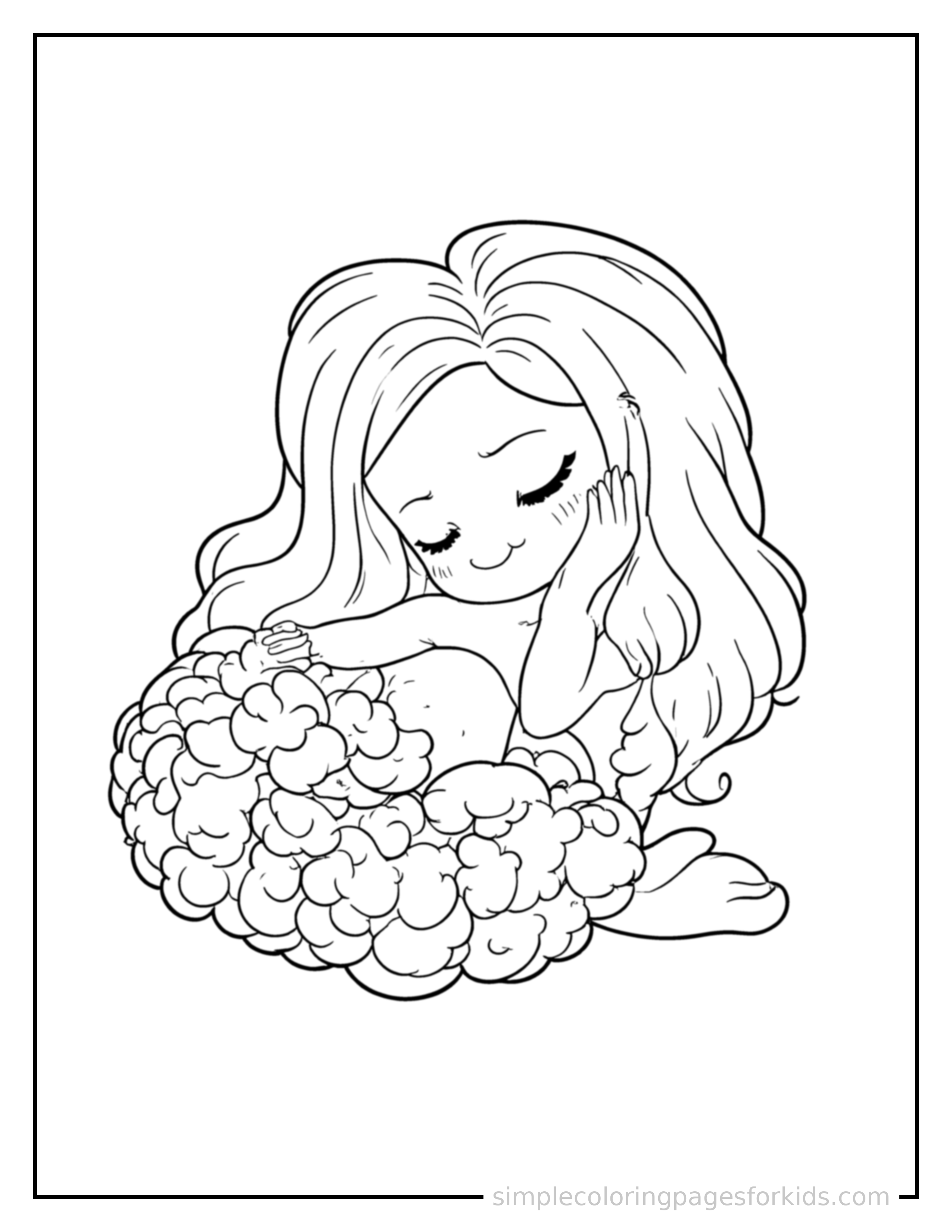 Free printable mermaid coloring page featuring a cute mermaid with a flowing tail curled up fast asleep, peaceful smile, one eye scrunched shut, hands tucked under the chin.