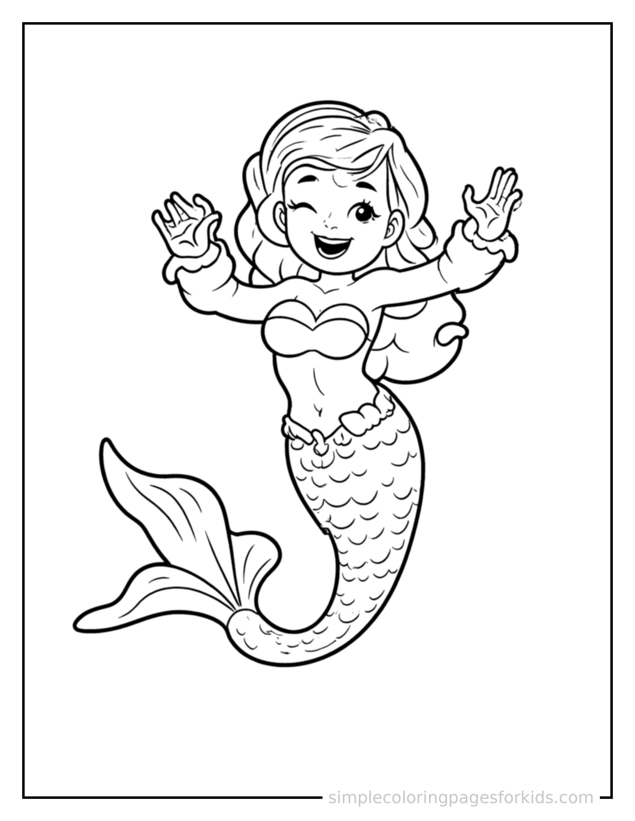Free printable mermaid coloring page featuring a cute mermaid with a flowing tail mid-jump with arms and legs stretched out playfully, mouth open with excitement.