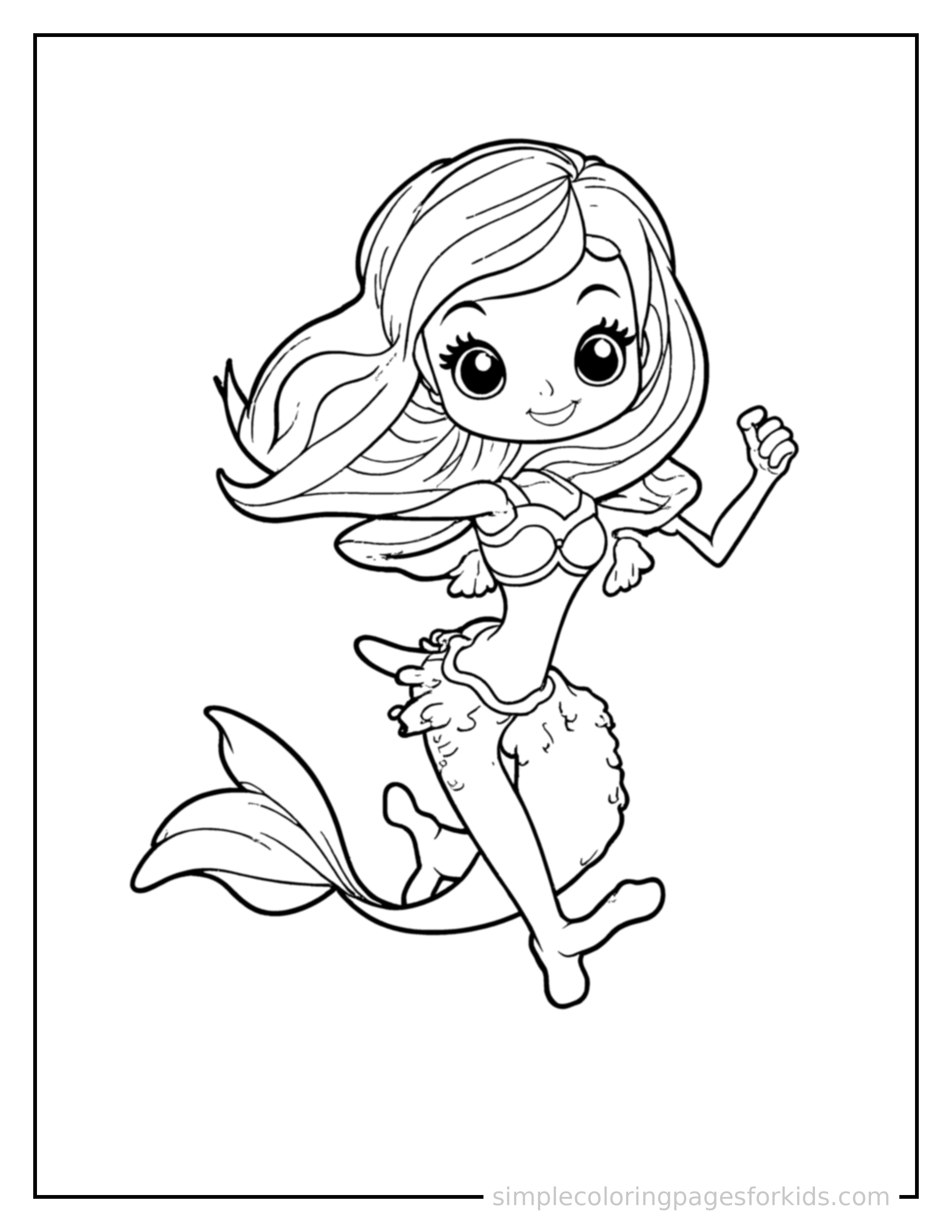 Free printable mermaid coloring page featuring a cute mermaid with a flowing tail running forward at full speed, arms pumping, big happy grin.