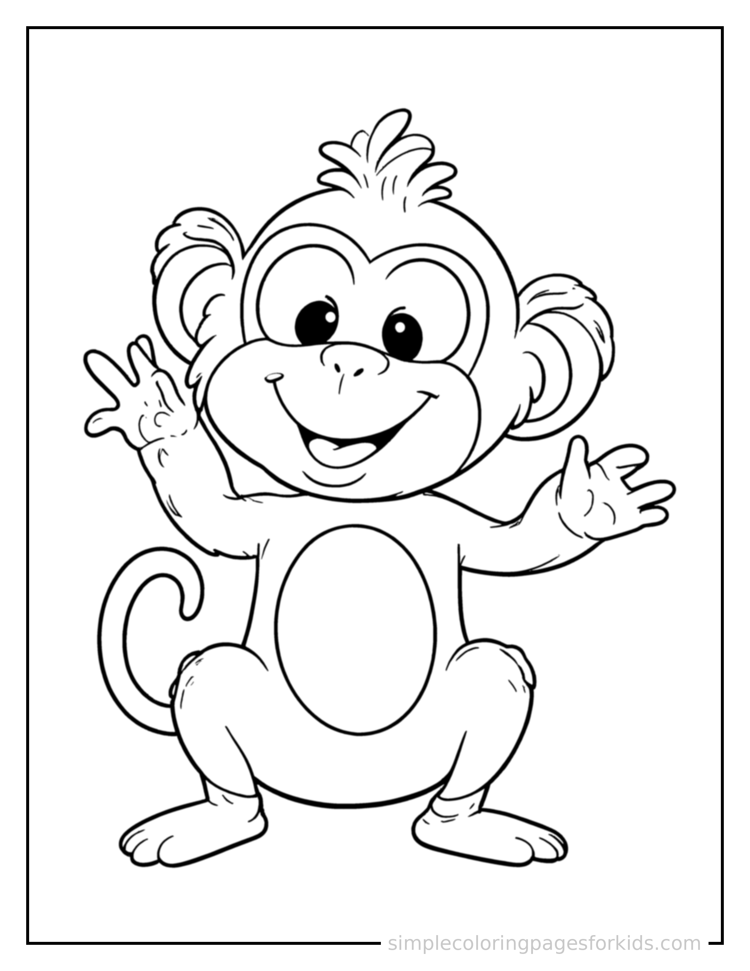 Free printable monkey coloring page featuring a cute monkey sitting up tall with a big cheerful grin, head tilted slightly, one paw raised in a wave.