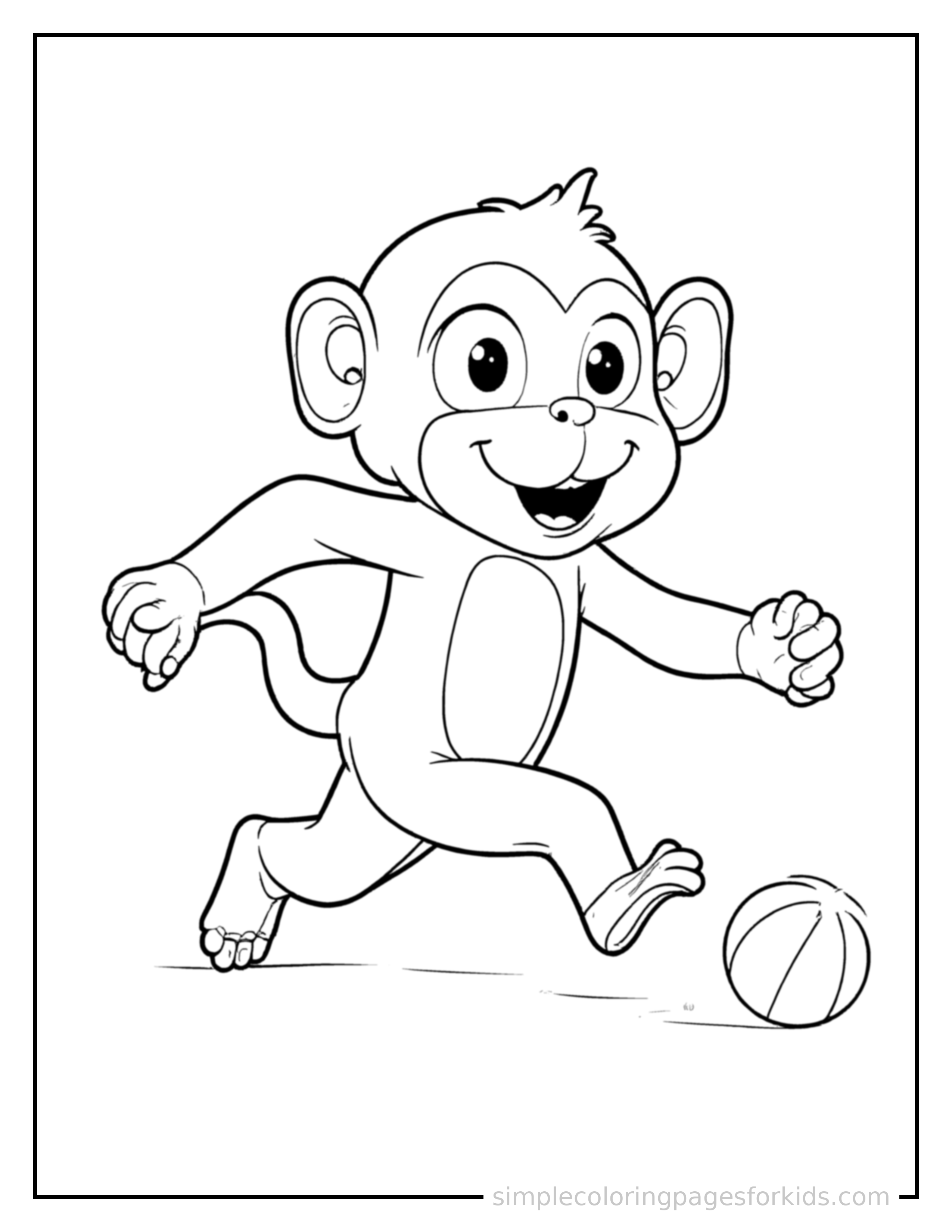 Free printable monkey coloring page featuring a cute monkey mid-bounce chasing a round ball, front paws stretched forward, mouth open with excitement, ears flopping.