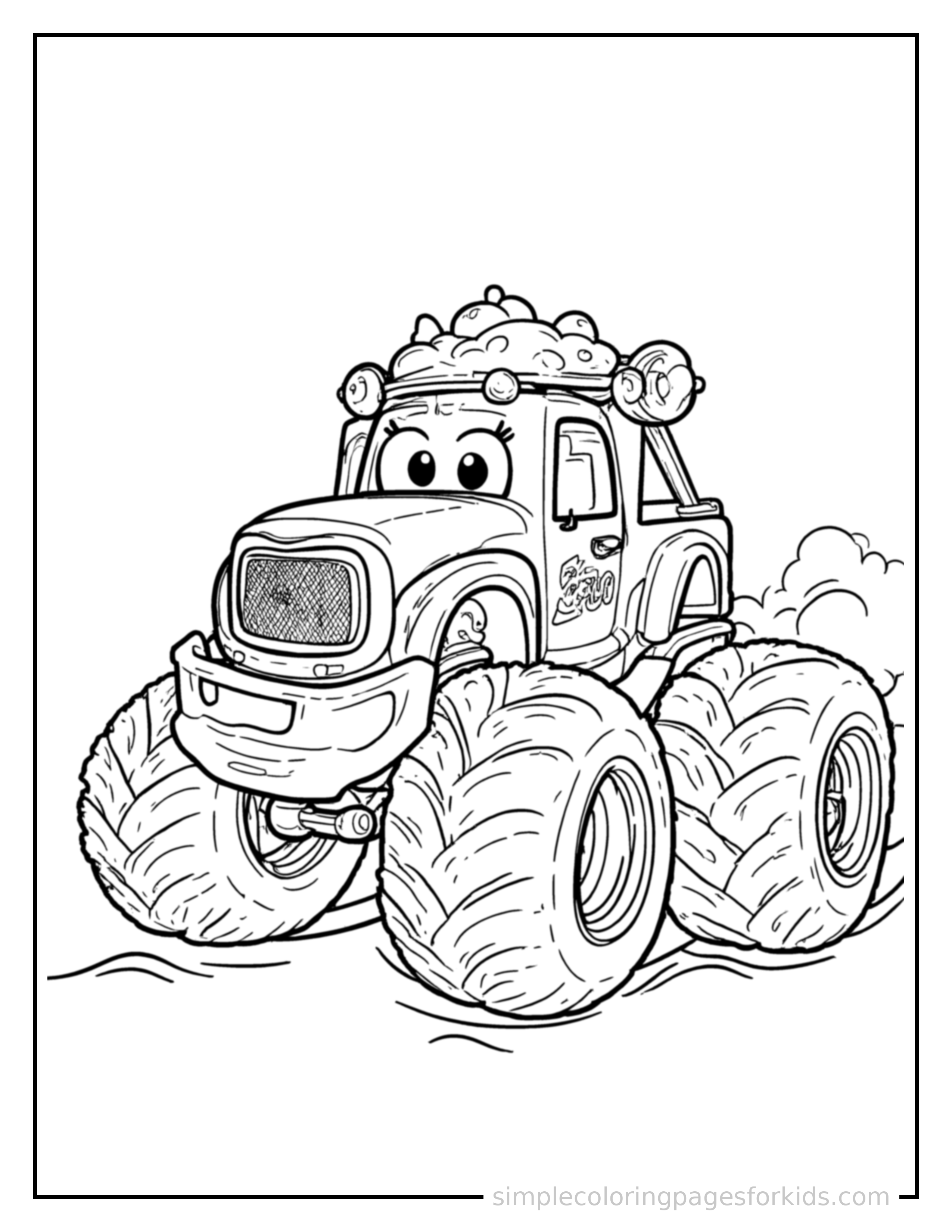 Free printable monster truck coloring page featuring a cute monster truck with giant wheels and a big cheerful face driving forward fast with a big cheerful headlight-eyes face, motion lines trailing behind.
