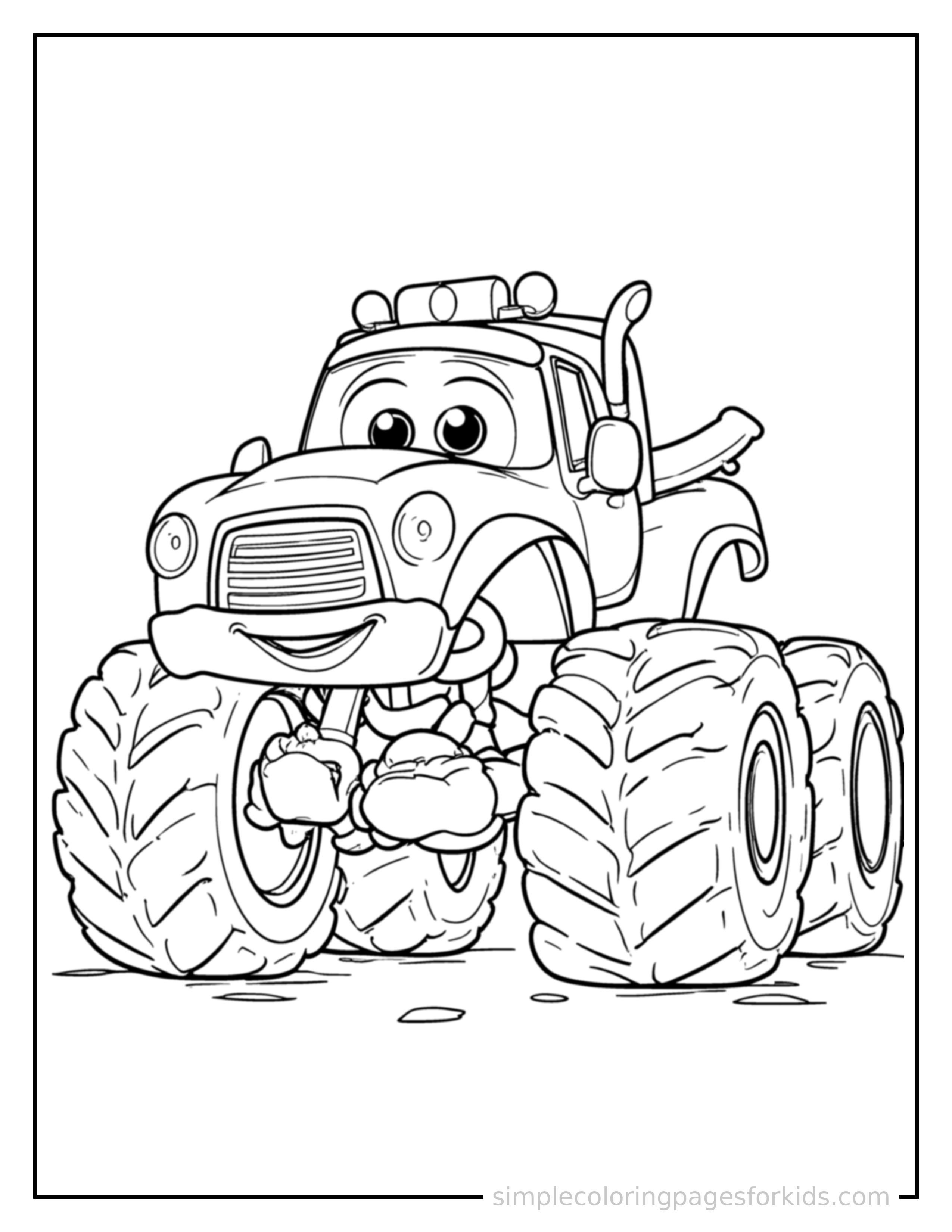 Free printable monster truck coloring page featuring a cute monster truck with giant wheels and a big cheerful face parked and resting with a sleepy happy expression, one headlight winking.