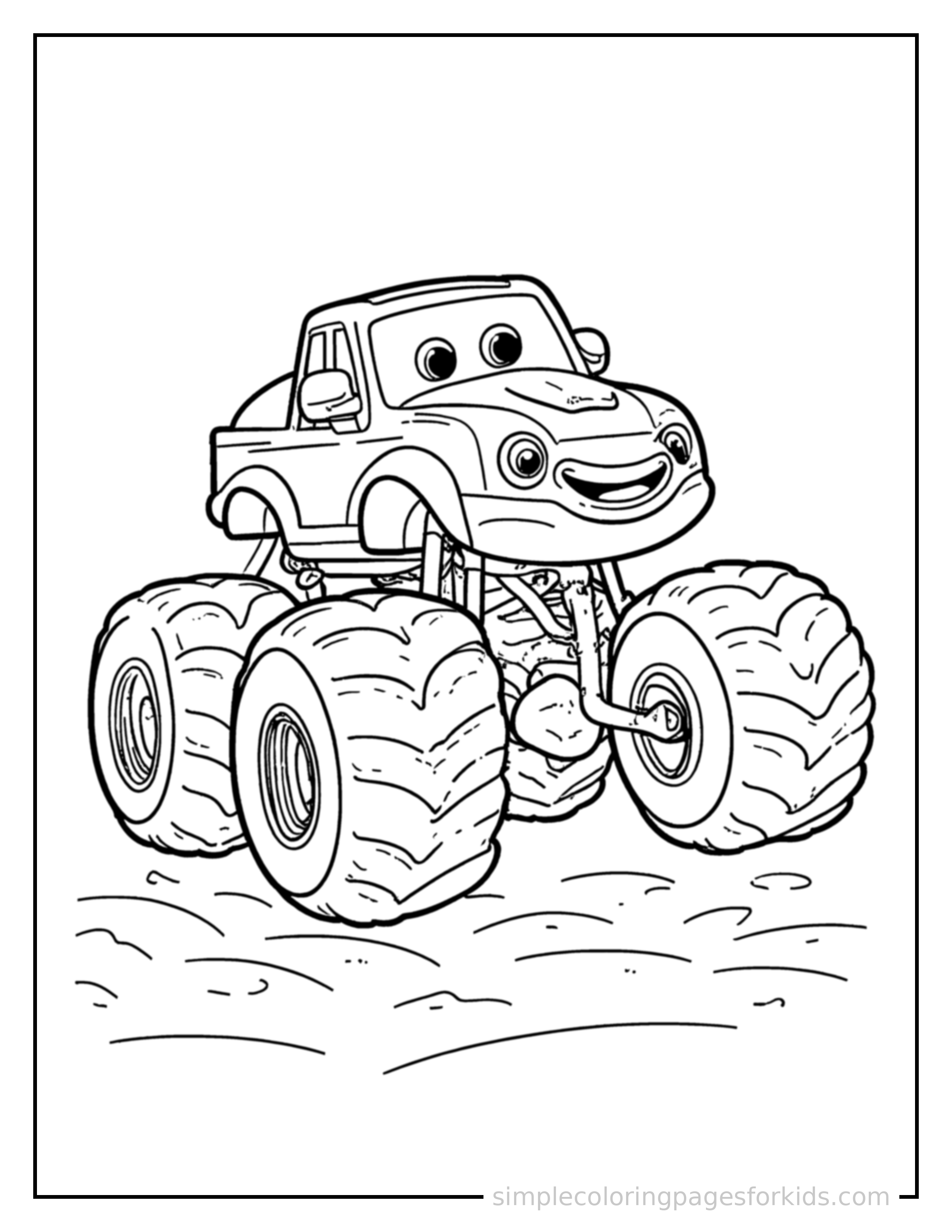 Free printable monster truck coloring page featuring a cute monster truck with giant wheels and a big cheerful face bouncing over a small bump in the road, joyful expression, wheels off the ground.