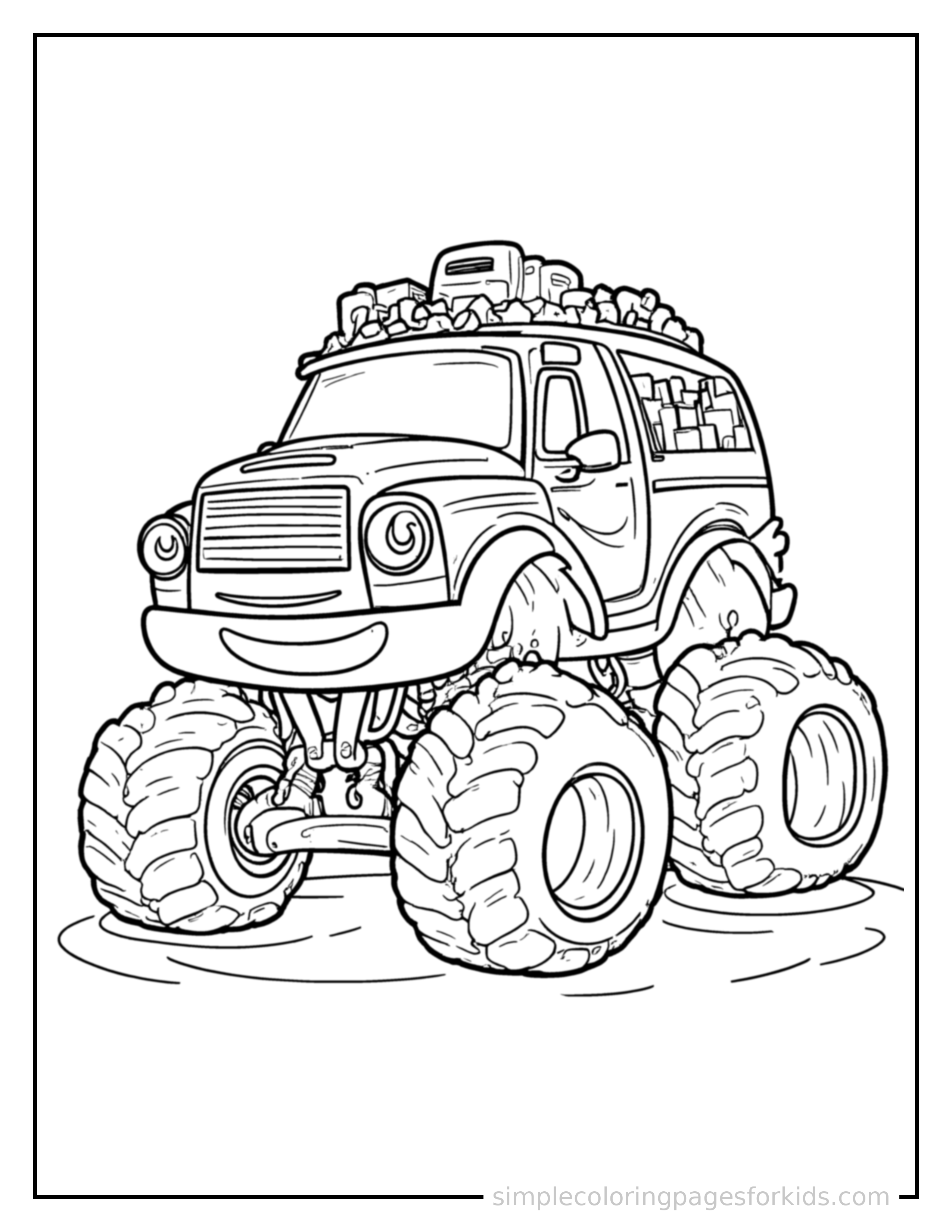 Free printable monster truck coloring page featuring a cute monster truck with giant wheels and a big cheerful face loaded up with fun cargo, proud big smile, motion lines showing it moving.