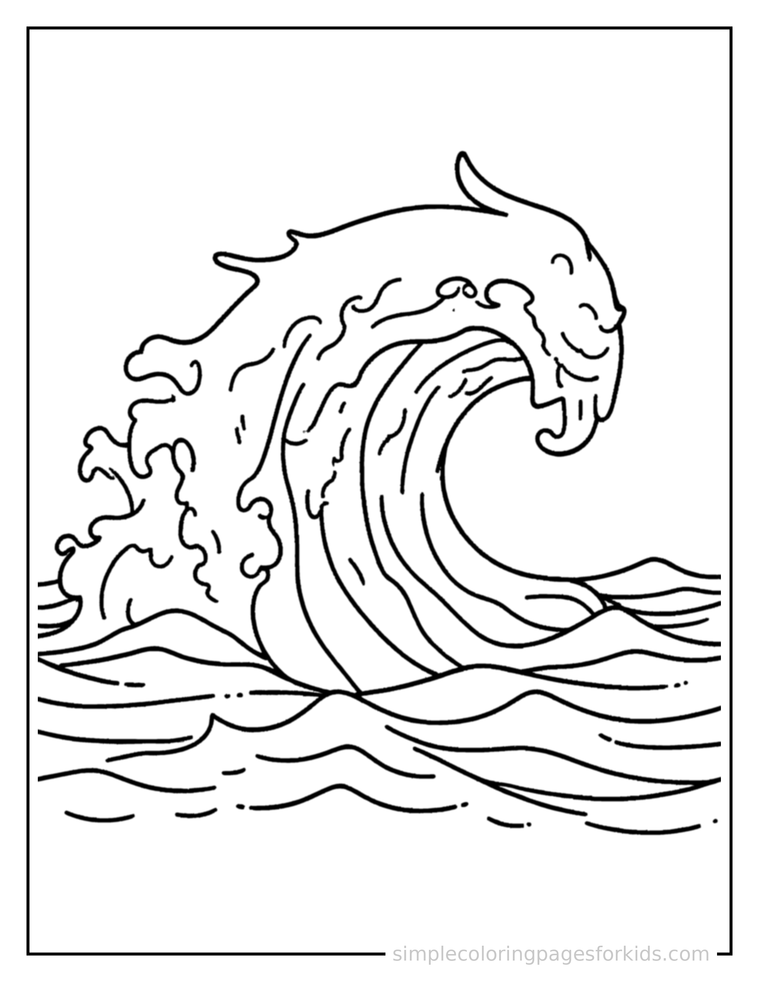 Free printable ocean wave coloring page featuring a cute ocean wave, shown as a simple central illustration with a cute smiling face.