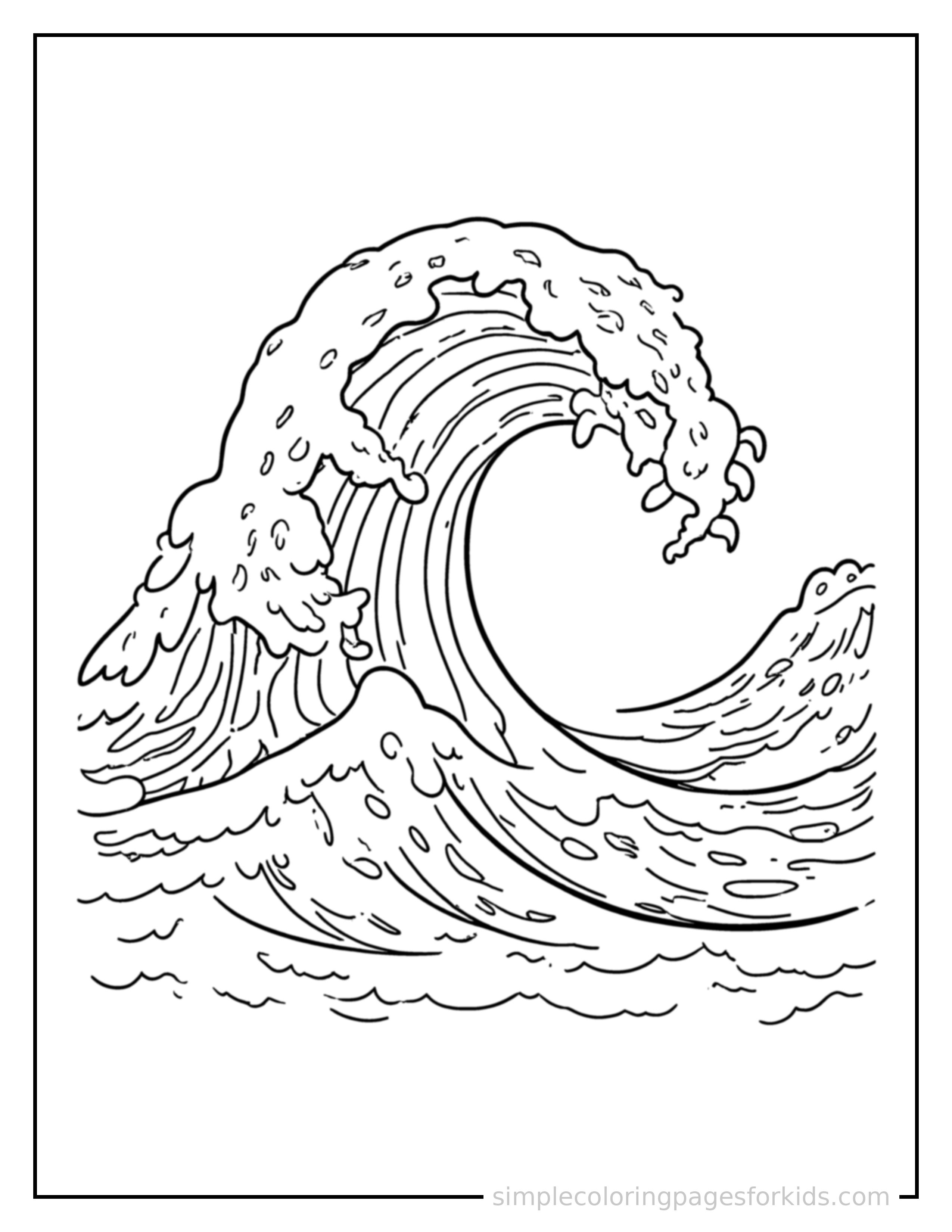 Free printable ocean wave coloring page featuring a cute ocean wave, shown with a smaller mini version of itself beside it.