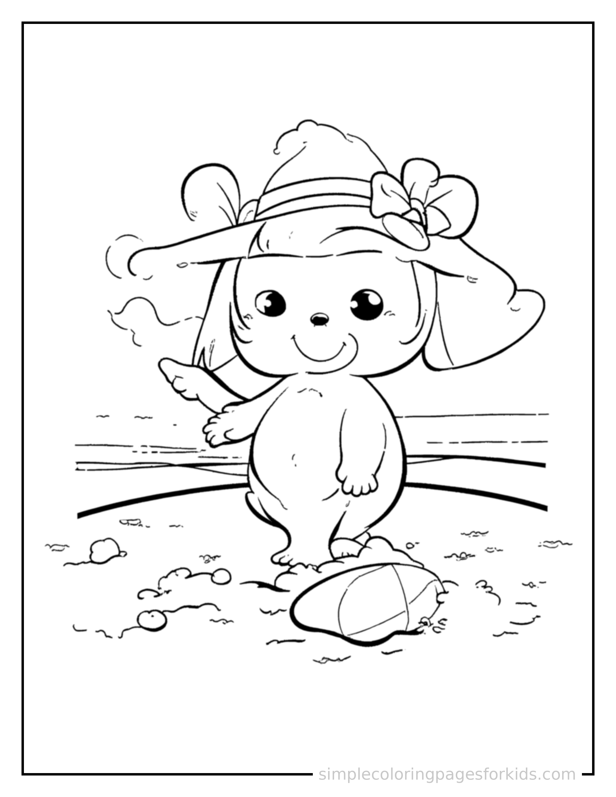 Free printable sandy beach with a beach ball coloring page featuring a cute sandy beach with a beach ball, shown as a simple central illustration with a cute smiling face.