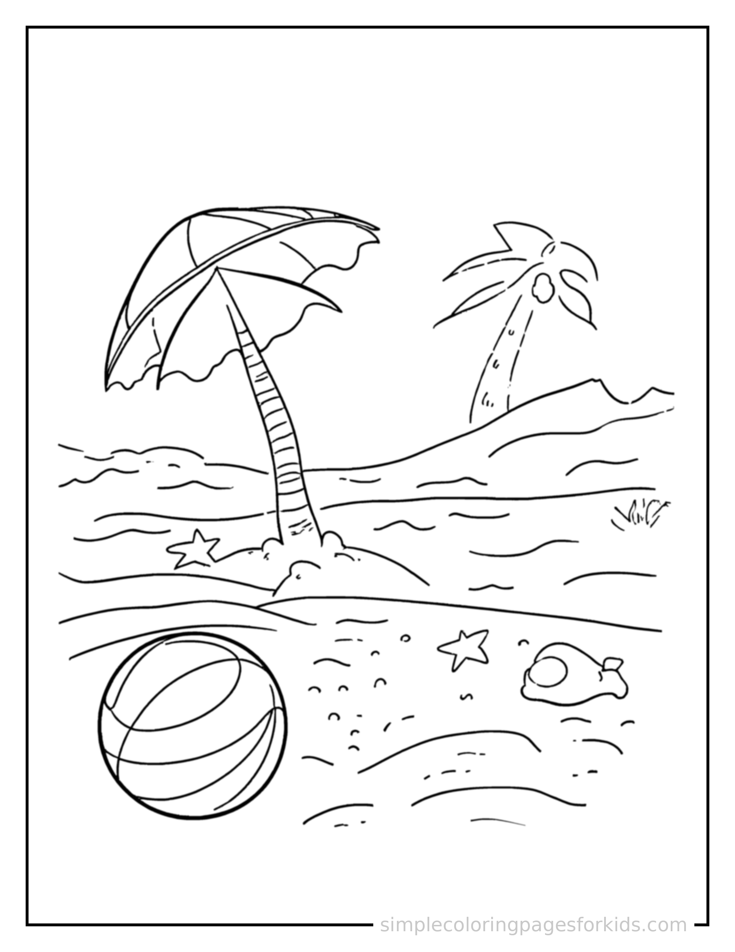 Free printable sandy beach with a beach ball coloring page featuring a cute sandy beach with a beach ball, shown from a slightly different angle with small decorative sparkle marks nearby.