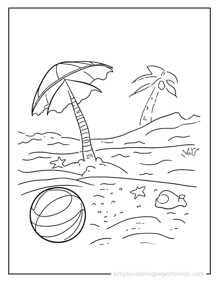 Sparkling Sandy Beach With A Beach Ball Coloring Page