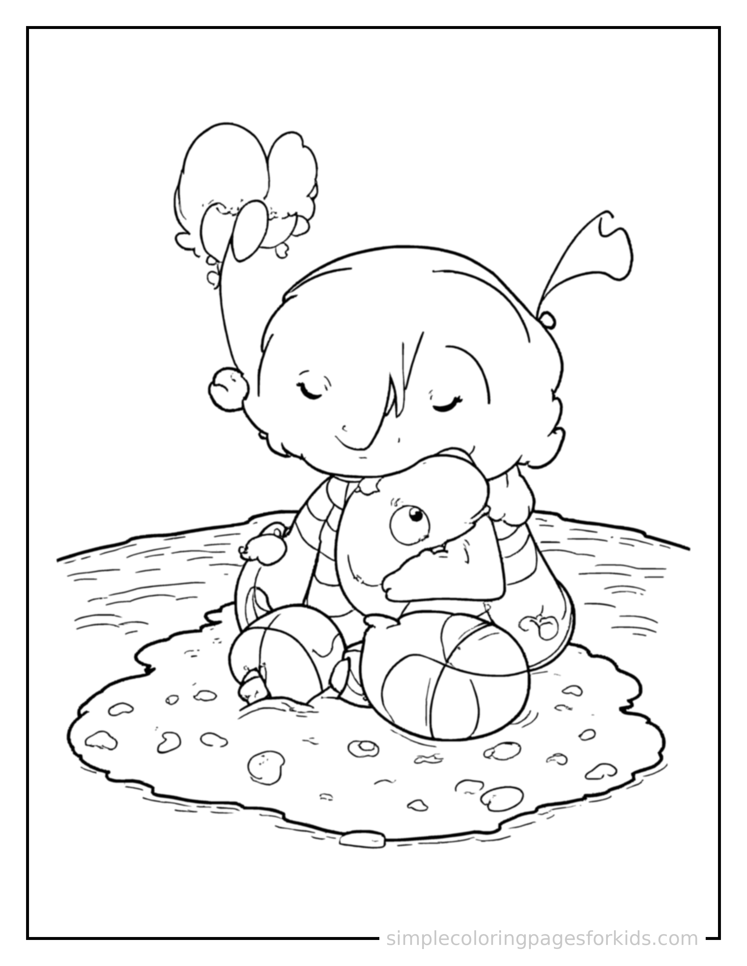 Free printable sandy beach with a beach ball coloring page featuring a cute sandy beach with a beach ball, shown with a smaller mini version of itself beside it.
