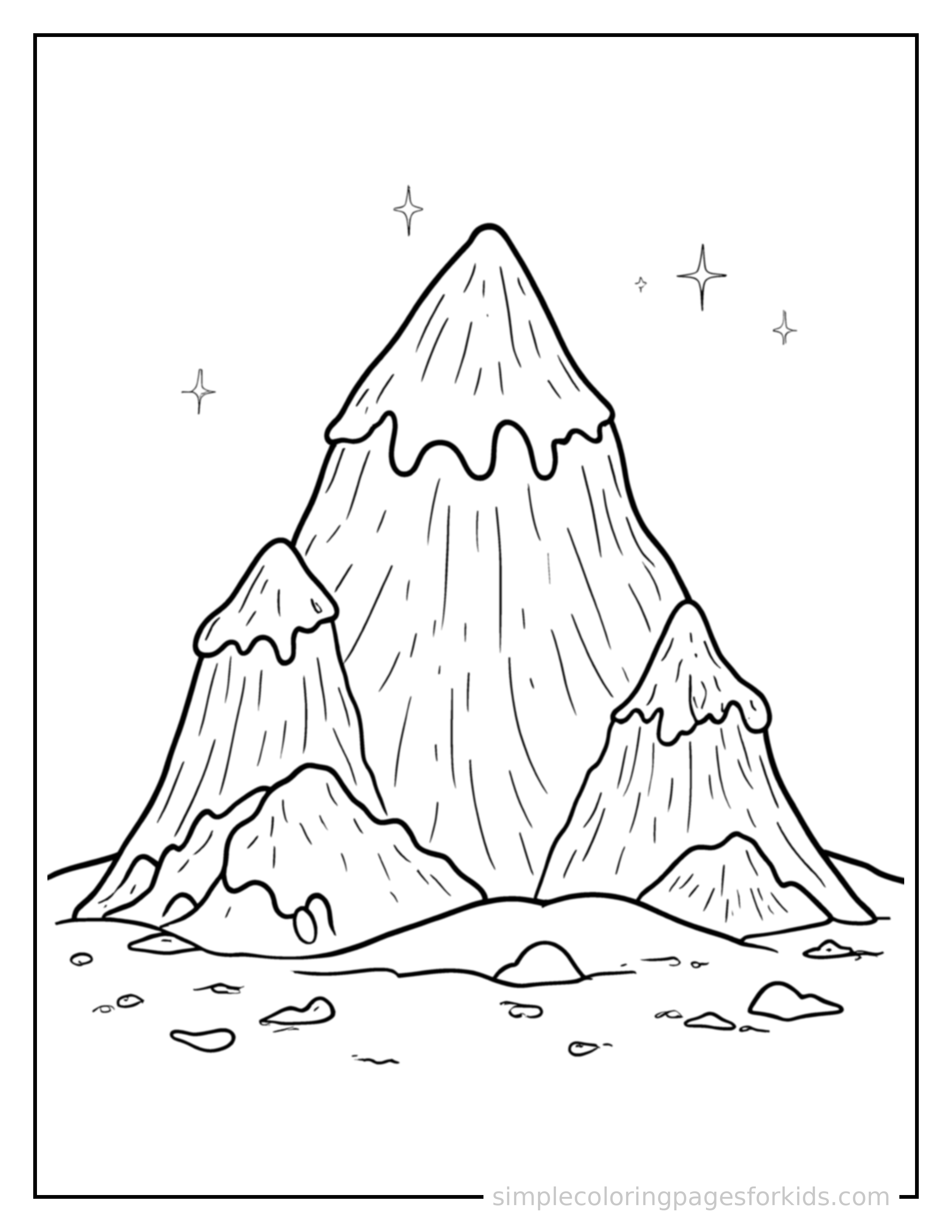 Free printable mountain peak coloring page featuring a cute mountain peak, shown from a slightly different angle with small decorative sparkle marks nearby.