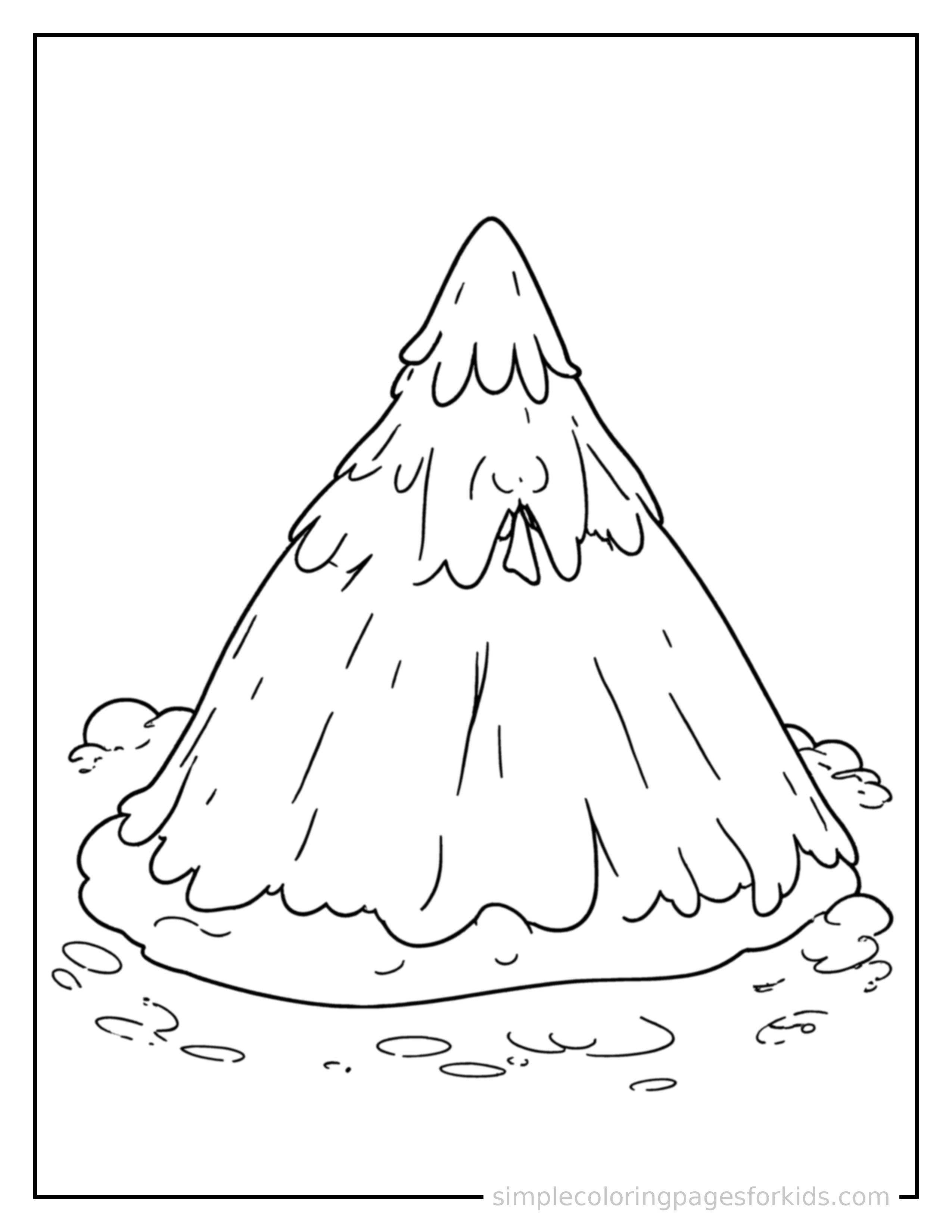 Free printable mountain peak coloring page featuring a cute mountain peak, decorated with a simple bow or ribbon for a festive touch.