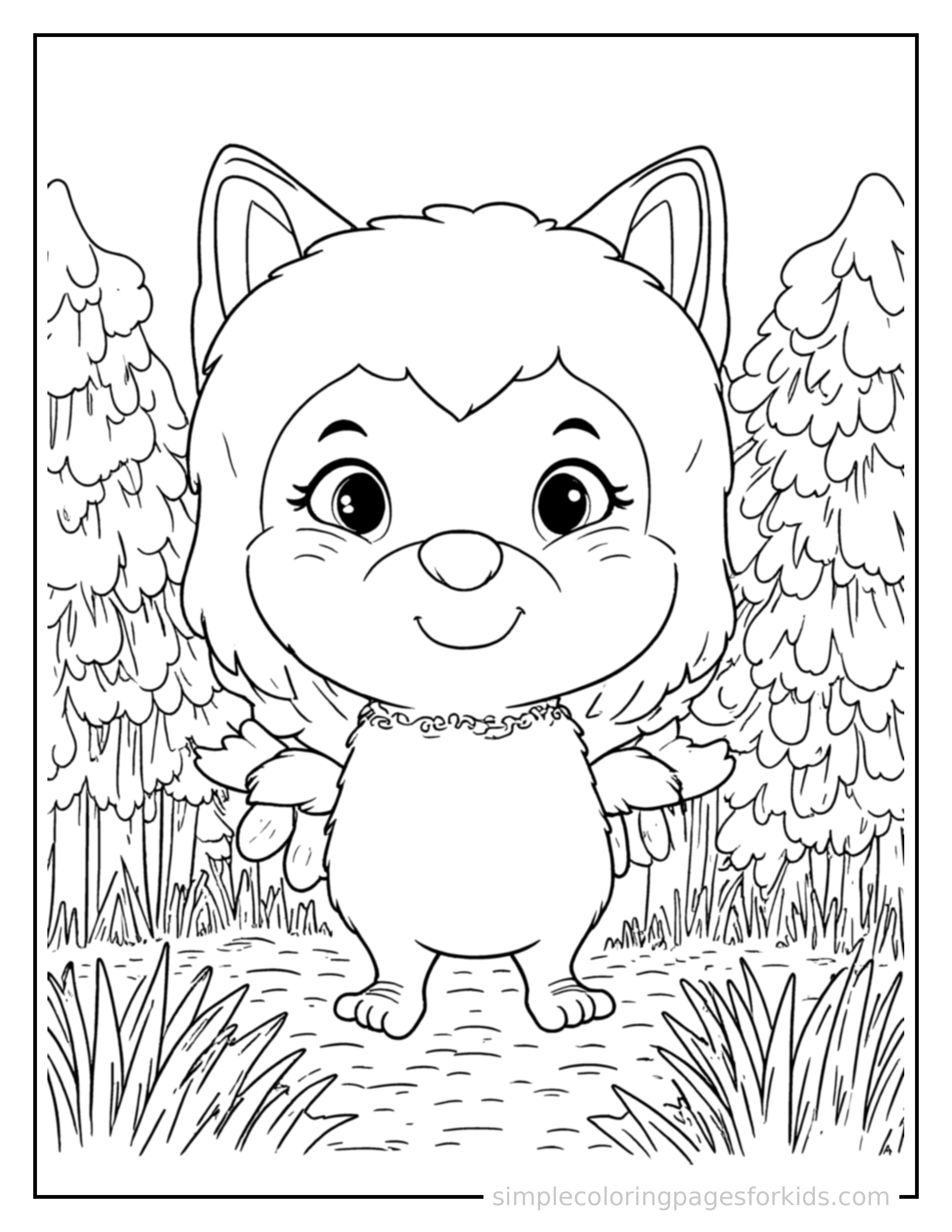 Free printable dense forest coloring page featuring a cute dense forest, shown as a simple central illustration with a cute smiling face.