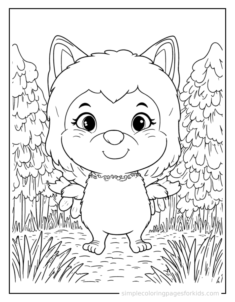 Free printable dense forest coloring page featuring a cute dense forest, shown as a simple central illustration with a cute smiling face.