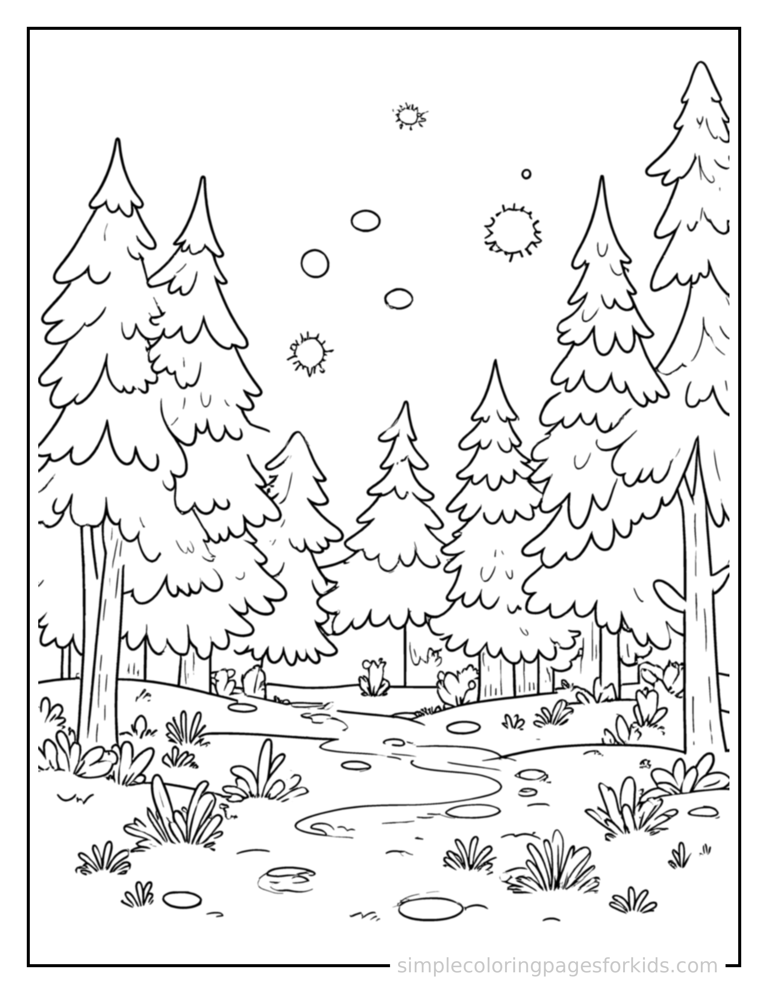 Free printable dense forest coloring page featuring a cute dense forest, shown from a slightly different angle with small decorative sparkle marks nearby.