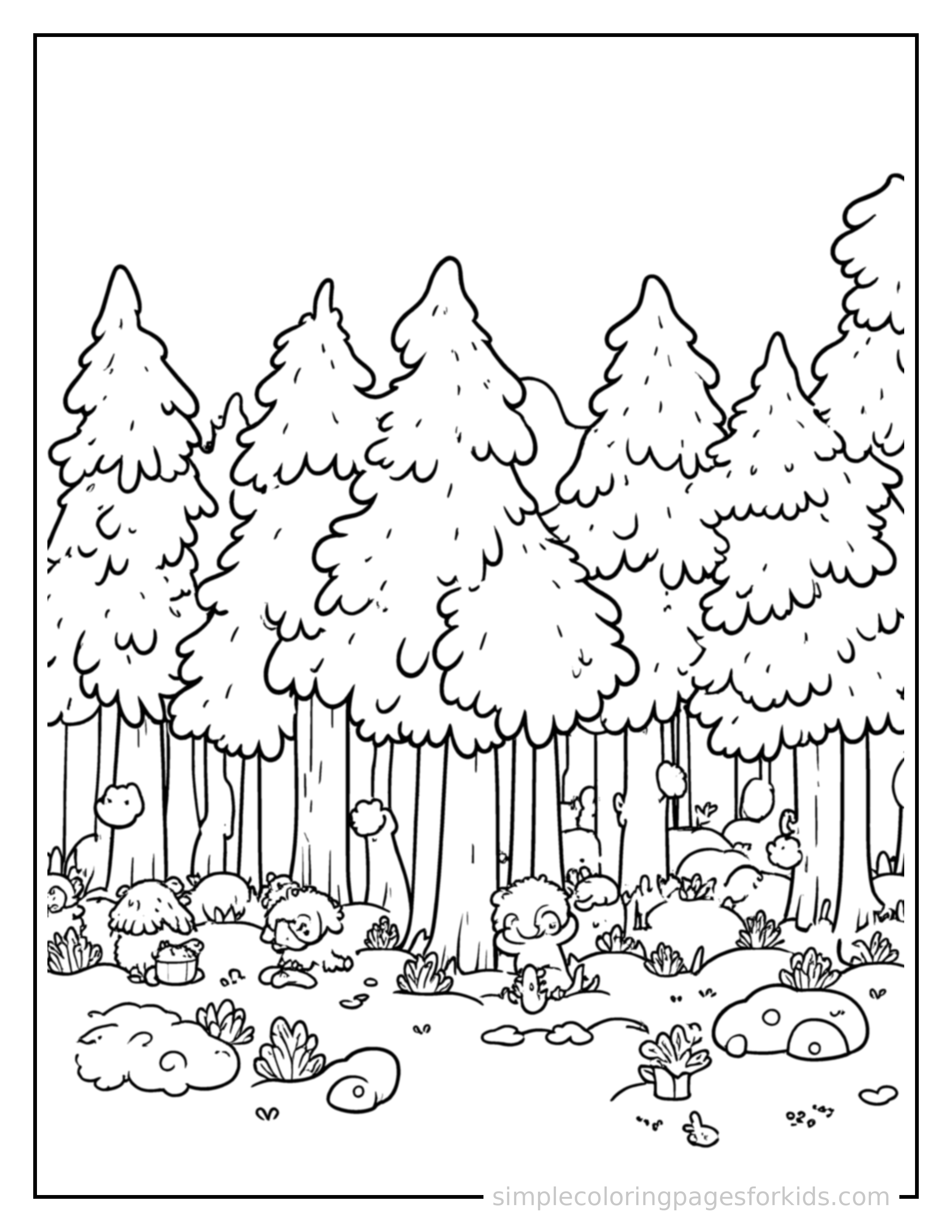 Free printable dense forest coloring page featuring a cute dense forest, shown with a smaller mini version of itself beside it.