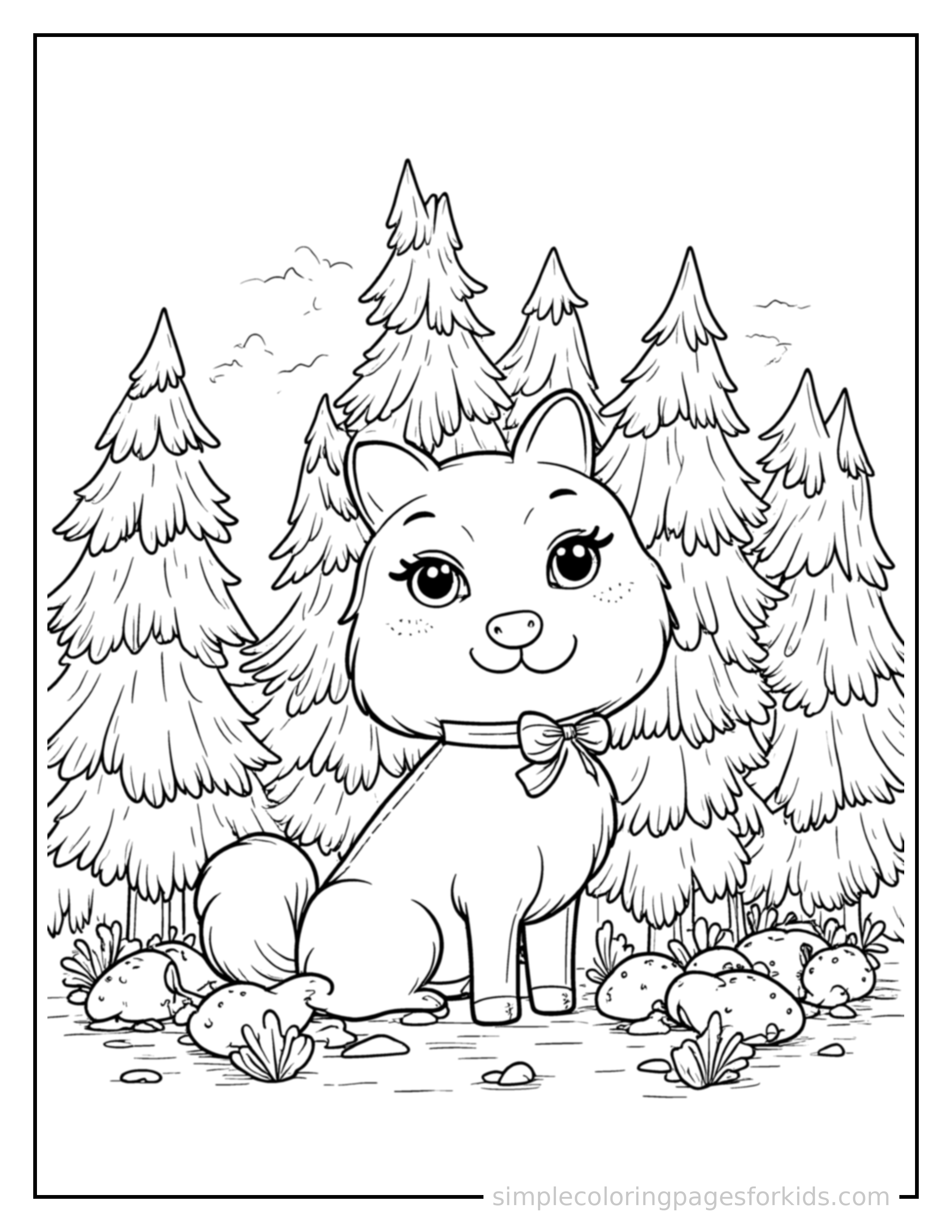 Free printable dense forest coloring page featuring a cute dense forest, decorated with a simple bow or ribbon for a festive touch.