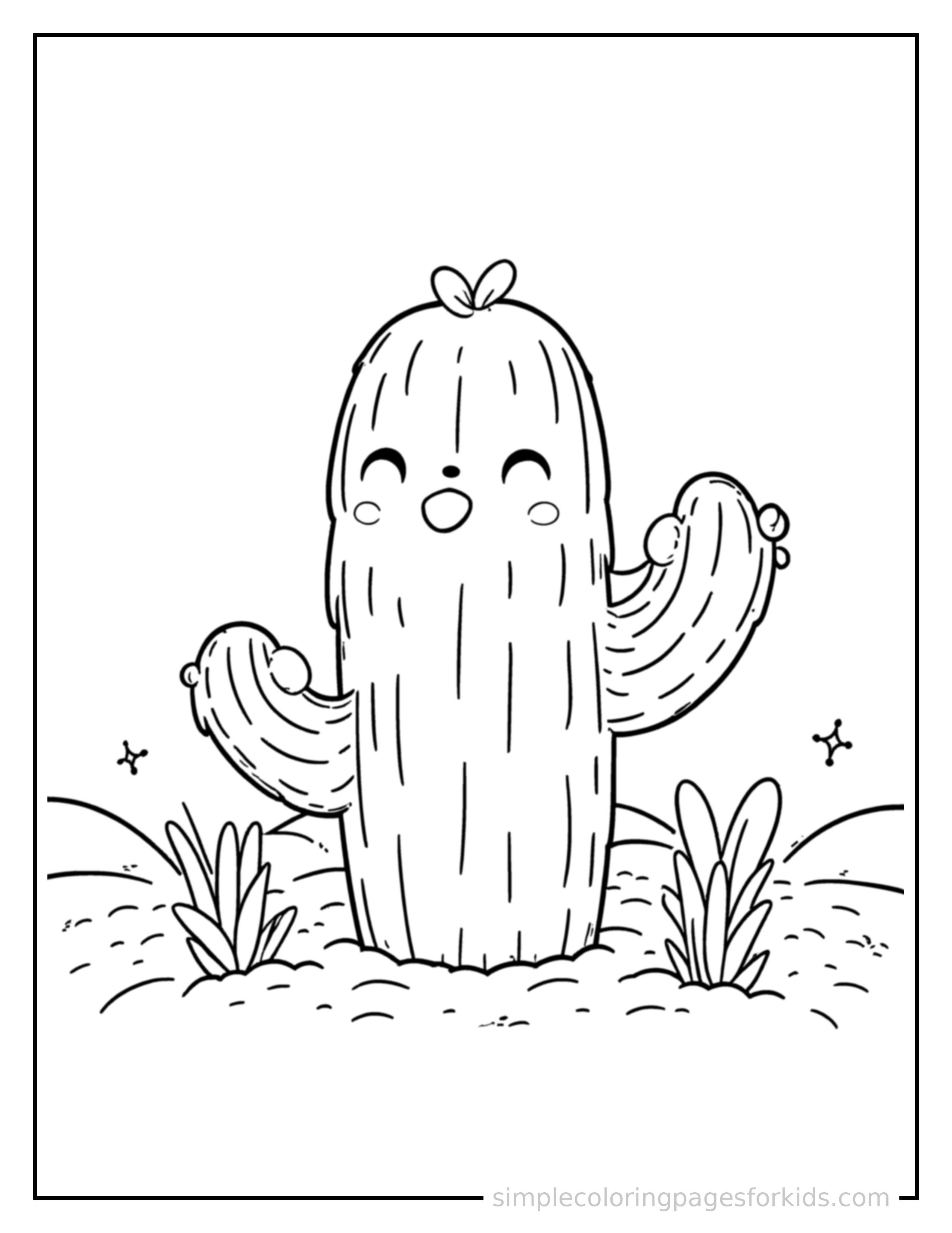 Free printable sandy desert with cactus coloring page featuring a cute sandy desert with cactus, shown from a slightly different angle with small decorative sparkle marks nearby.