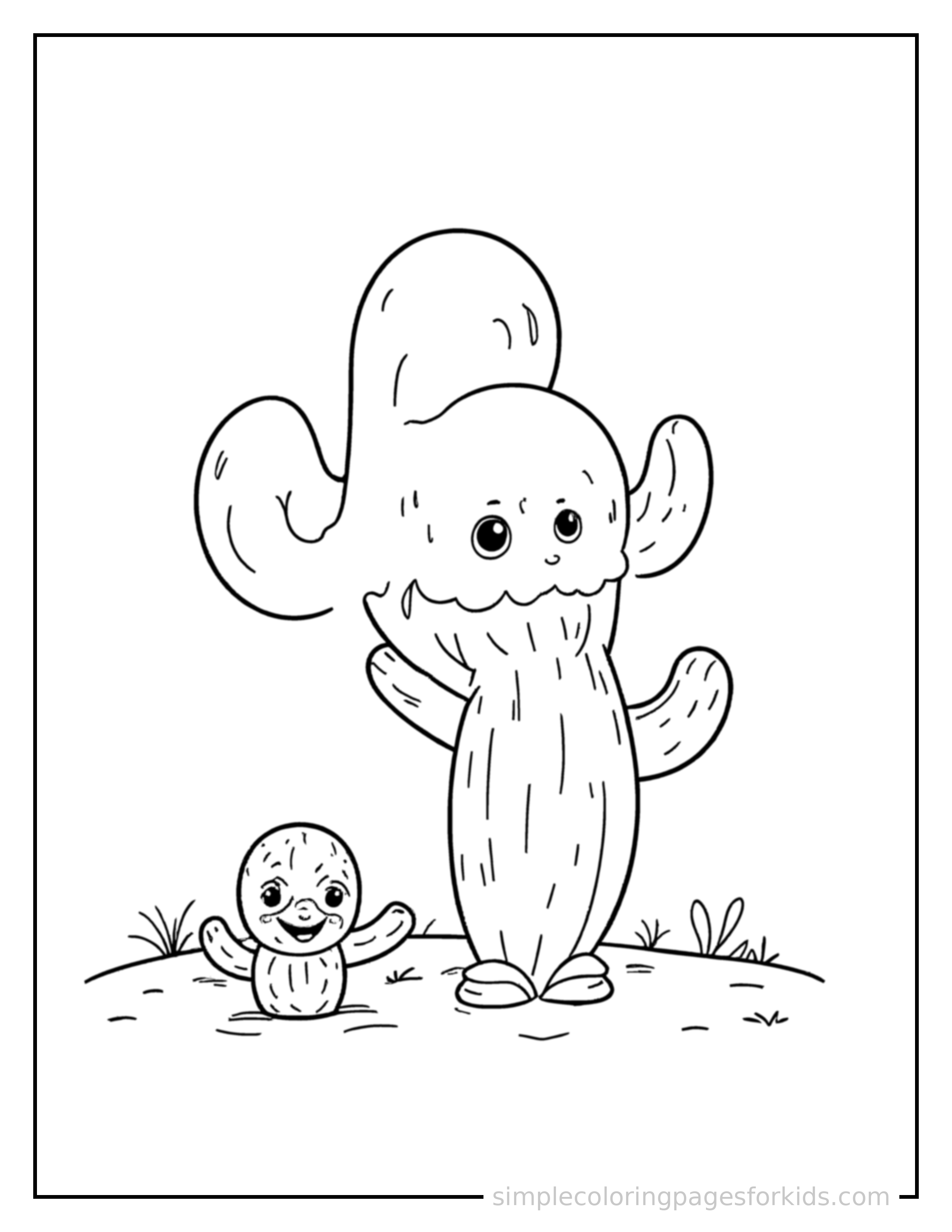 Free printable sandy desert with cactus coloring page featuring a cute sandy desert with cactus, shown with a smaller mini version of itself beside it.