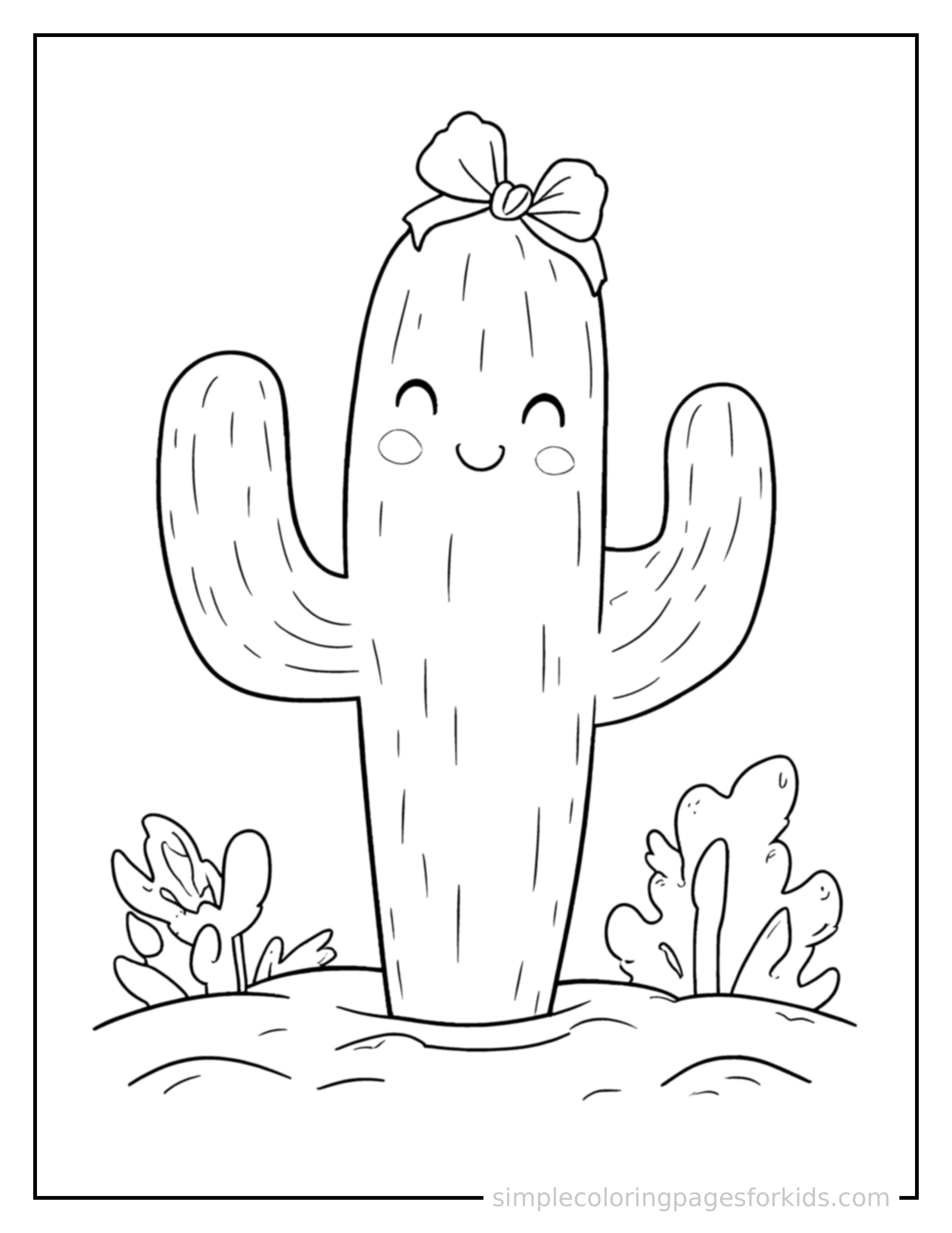 Free printable sandy desert with cactus coloring page featuring a cute sandy desert with cactus, decorated with a simple bow or ribbon for a festive touch.