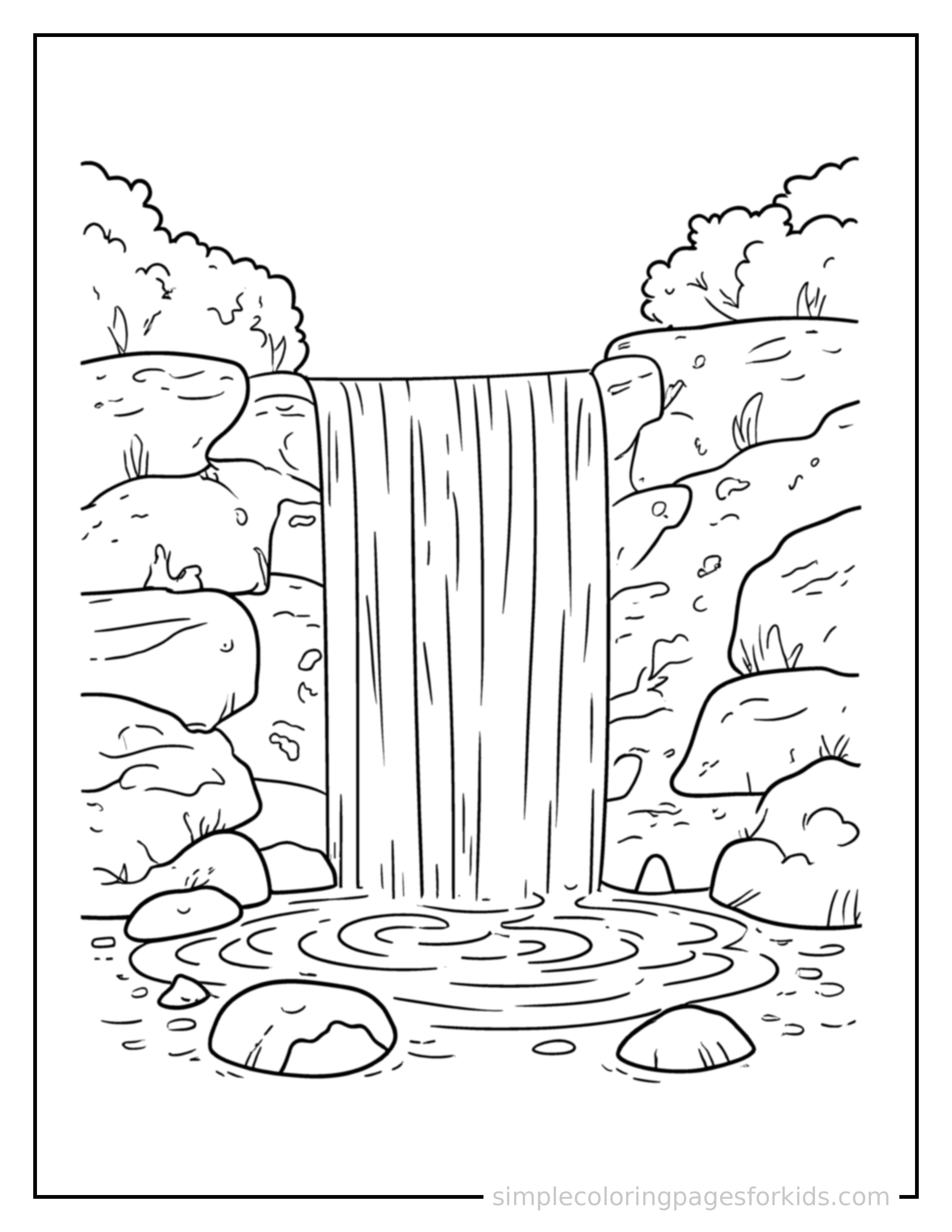 Free printable waterfall cascading down rocks coloring page featuring a cute waterfall cascading down rocks, shown as a simple central illustration with a cute smiling face.