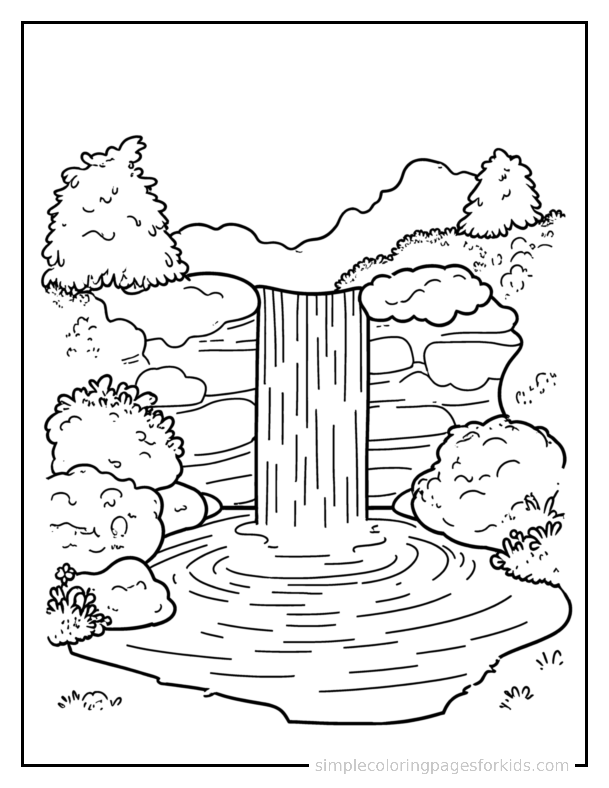 Free printable waterfall cascading down rocks coloring page featuring a cute waterfall cascading down rocks, shown from a slightly different angle with small decorative sparkle marks nearby.