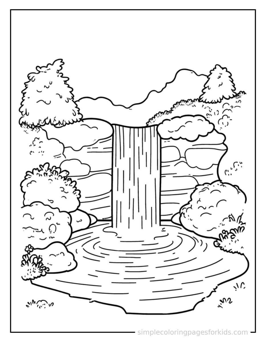 Sparkling Waterfall Cascading Down Rocks Coloring Page